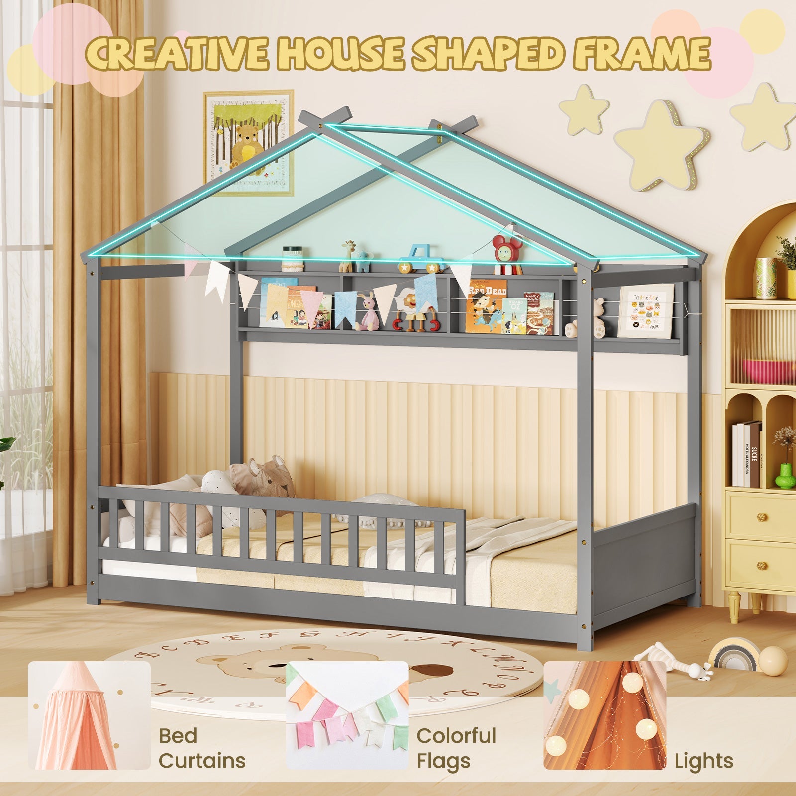 Twin Size House Bed with Storage Shelf and Headboard