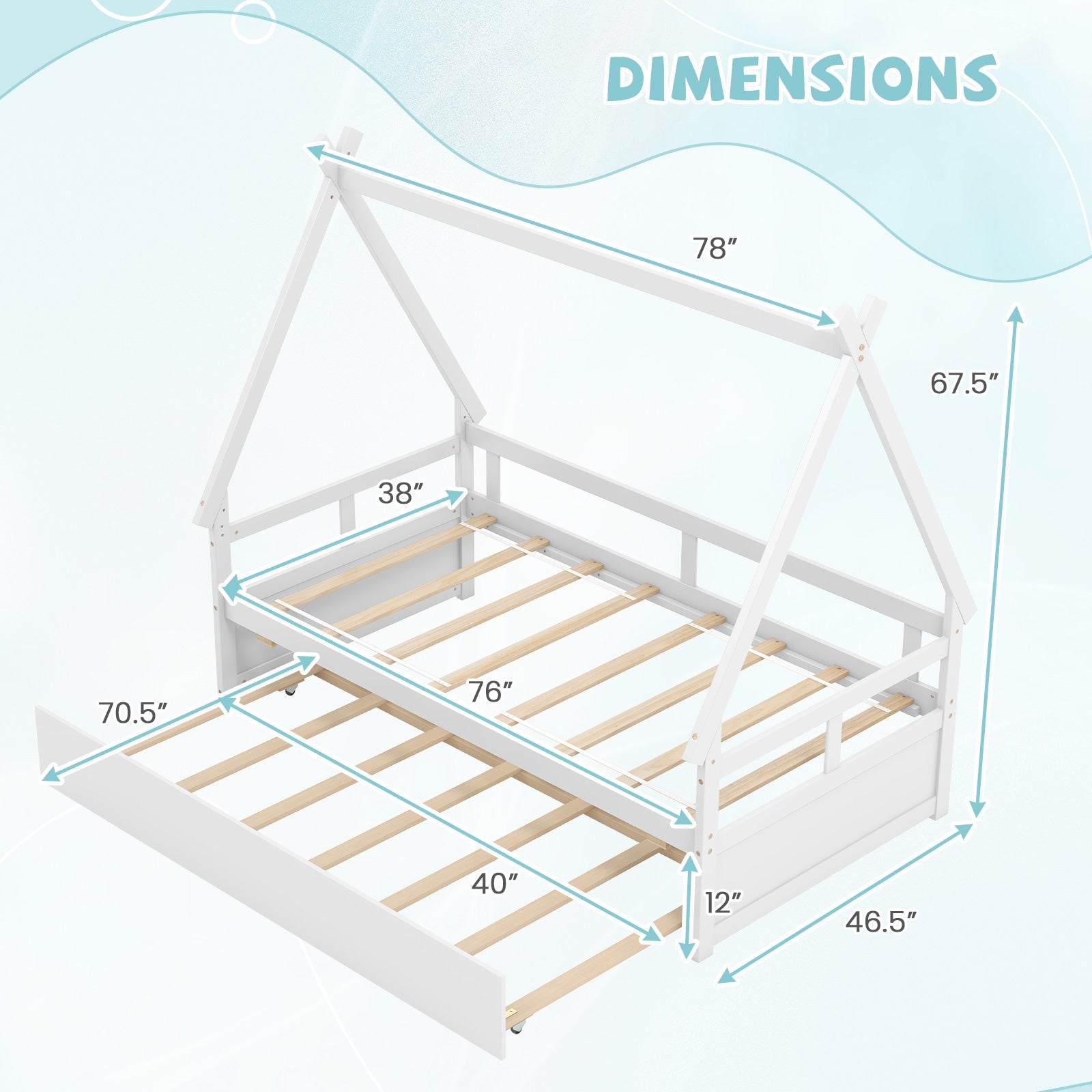 Twin Size House Bed with Trundle and Safety Guardrail