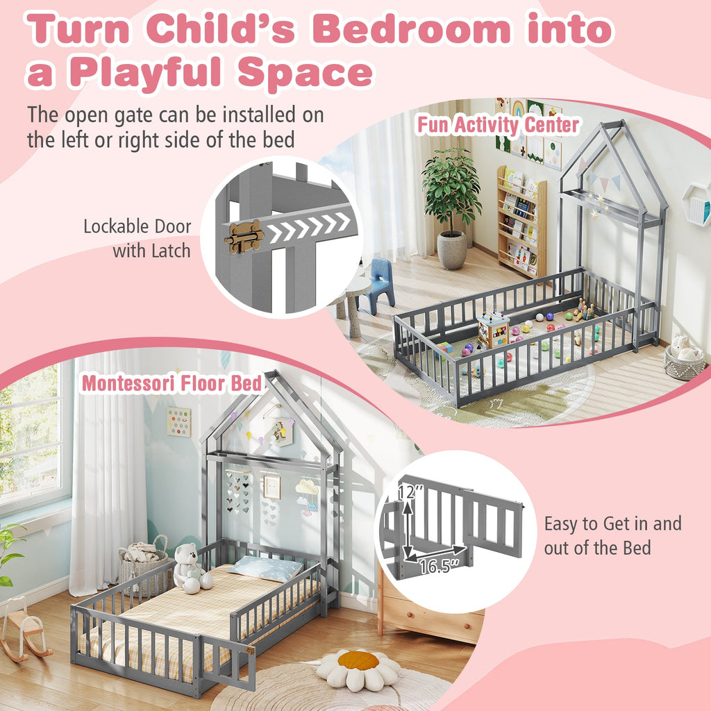 Twin Size House Floor Bed with House-shaped Headboard