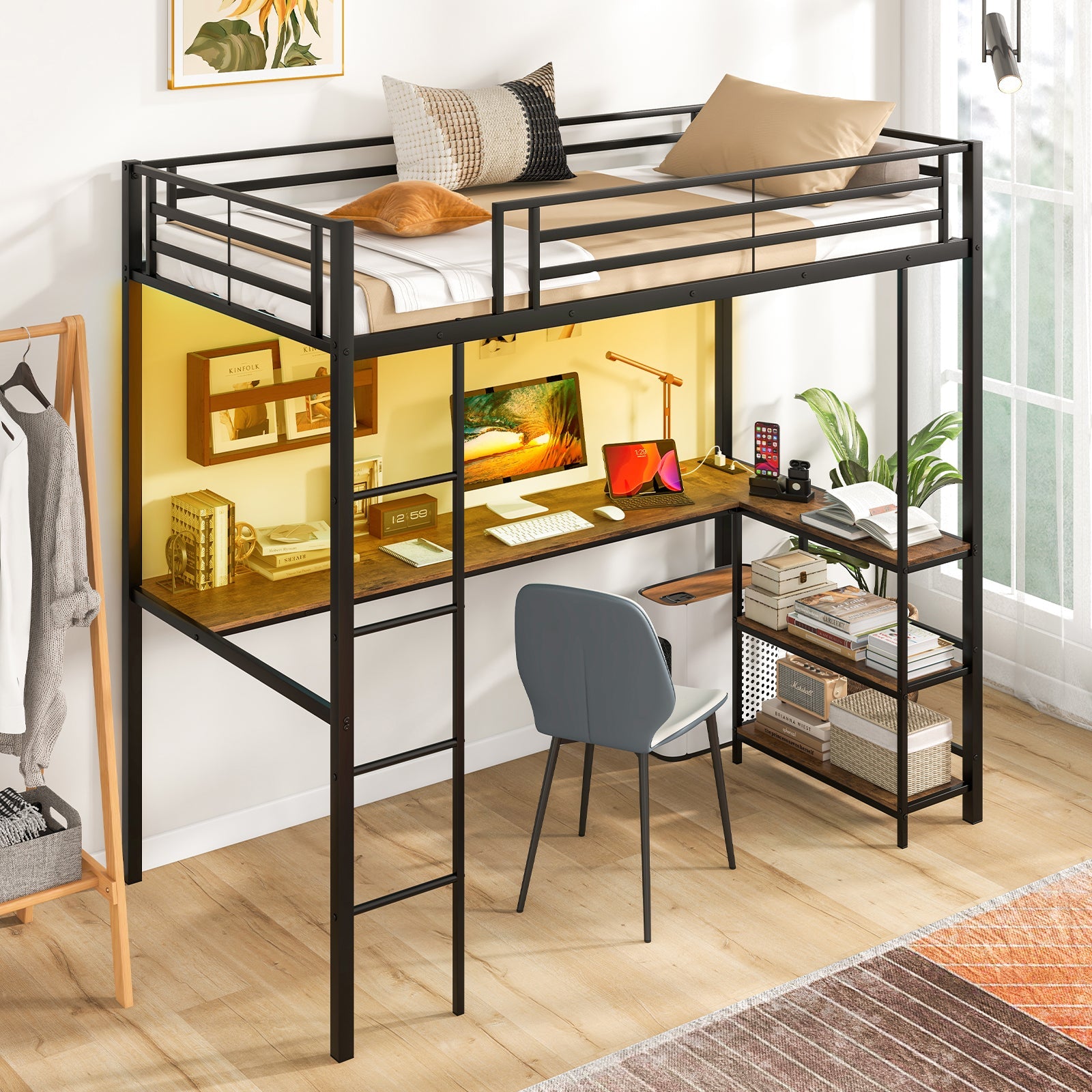 Twin Size Loft Bed Raised Platform Bed with Desk and 2 Storage Shelves-Black