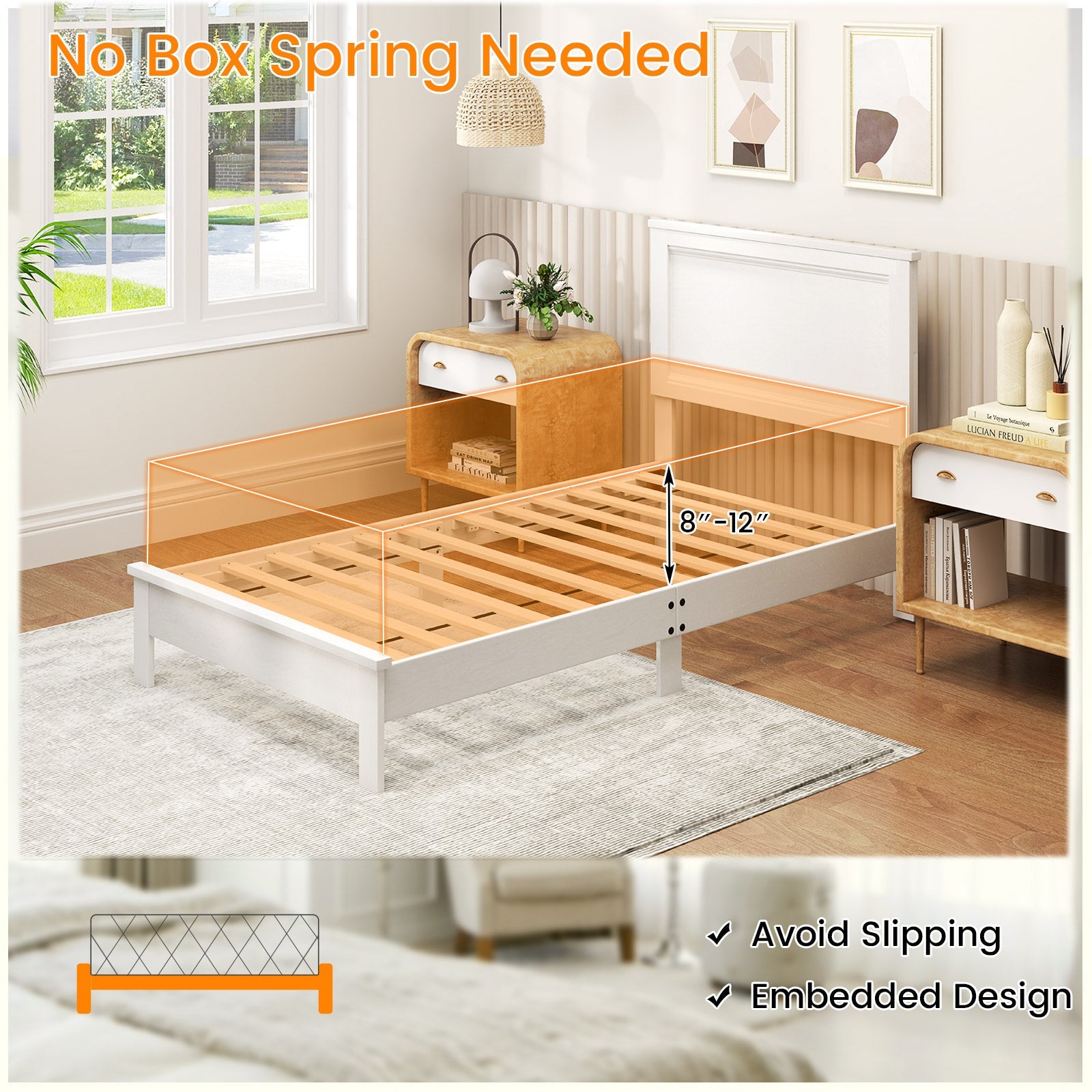 Twin Size Wooden Bed Frame with Headboard and Slat Support