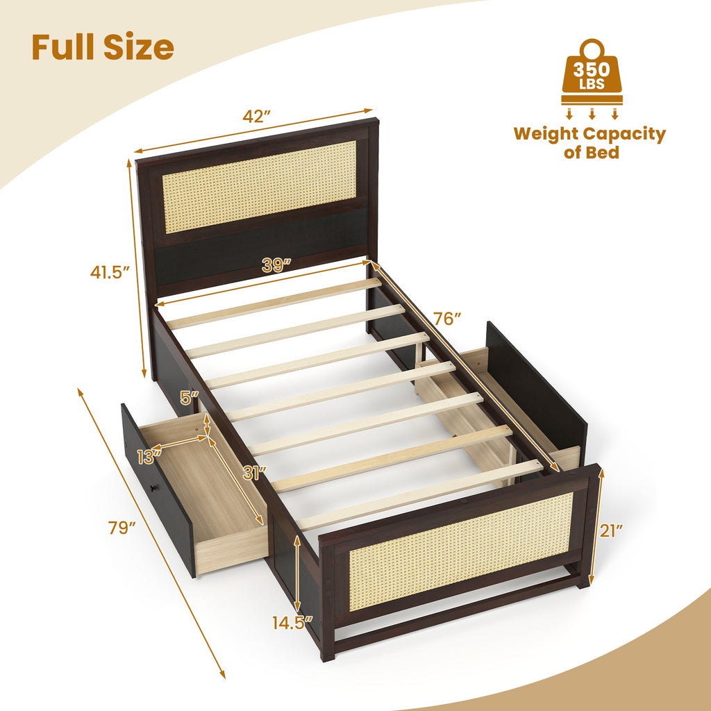 Twin Size Rattan Bed Frame with Storage Drawers