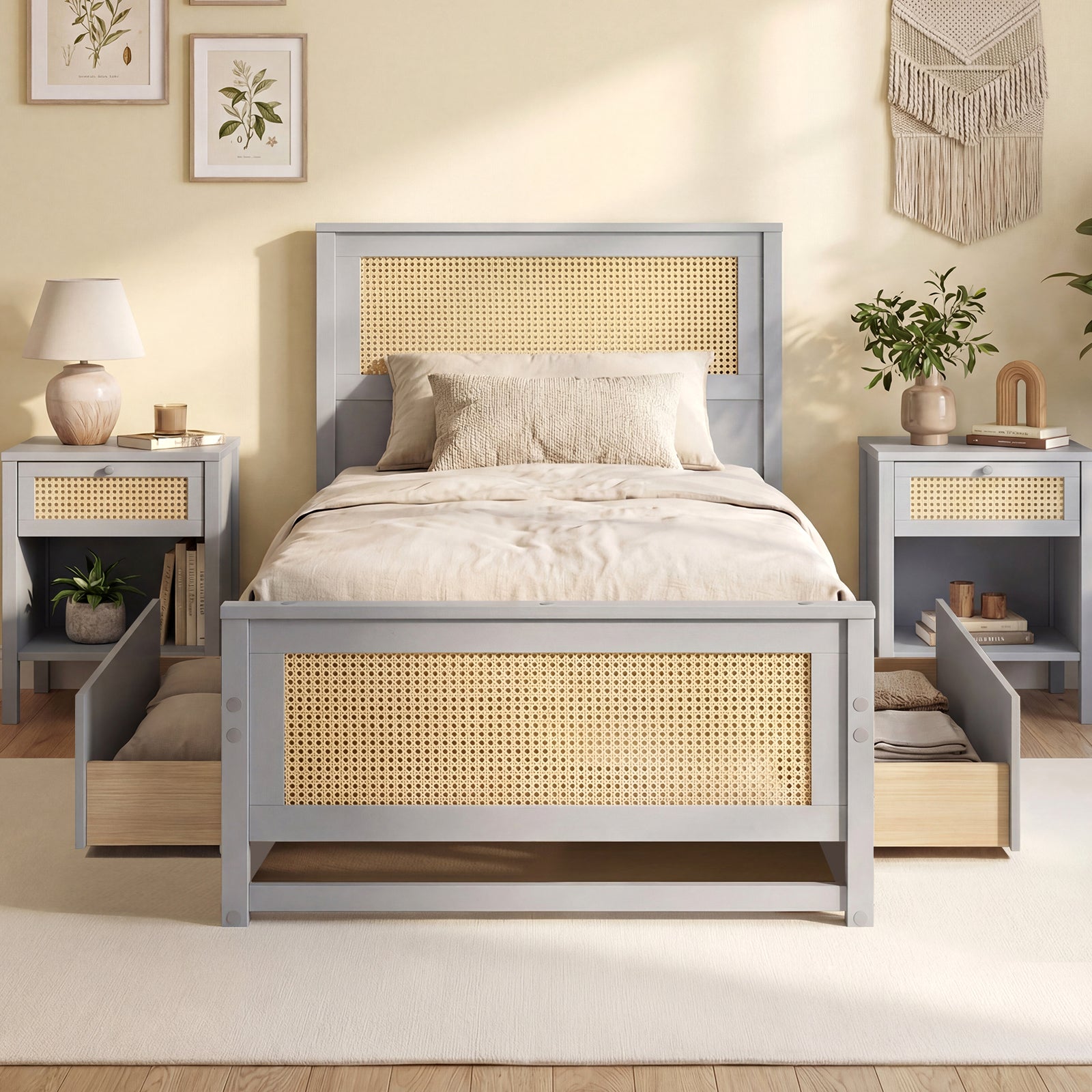 Twin Size Rattan Bed Frame with Storage Drawers