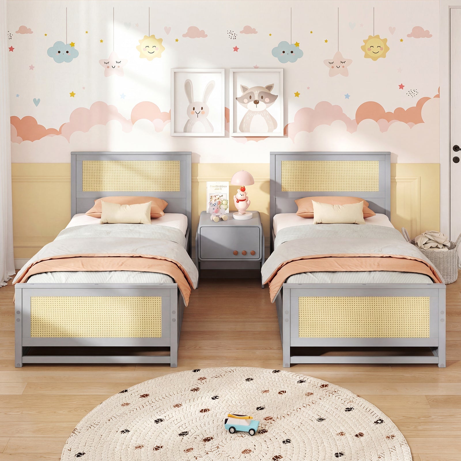 Twin Size Rattan Bed Frame with Storage Drawers