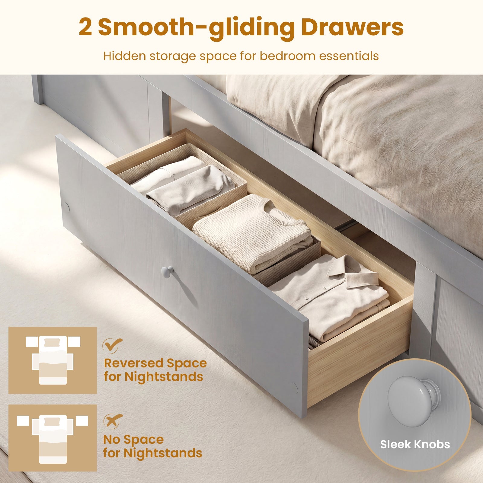 Twin Size Rattan Bed Frame with Storage Drawers