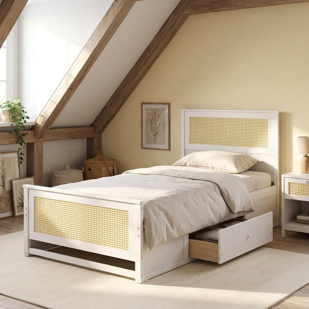Twin Size Rattan Bed Frame with Storage Drawers