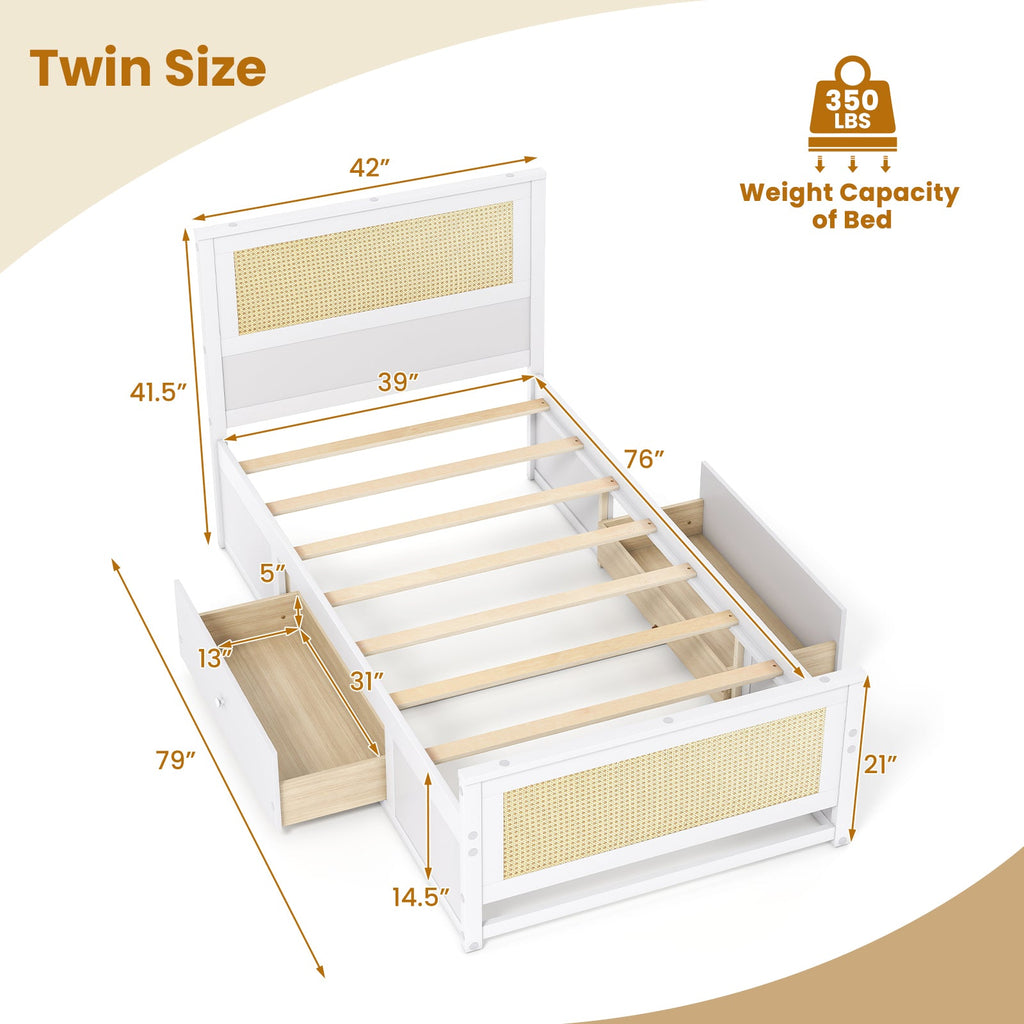 Twin Size Rattan Bed Frame with Storage Drawers