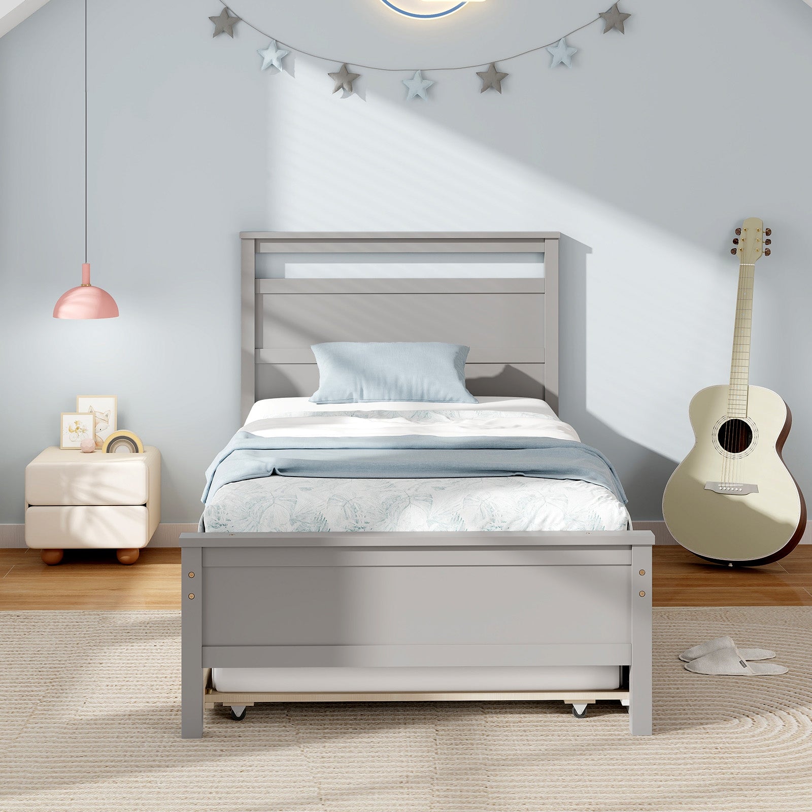 Twin Size Wooden Bed Frame with Trundle for Teens and Adults