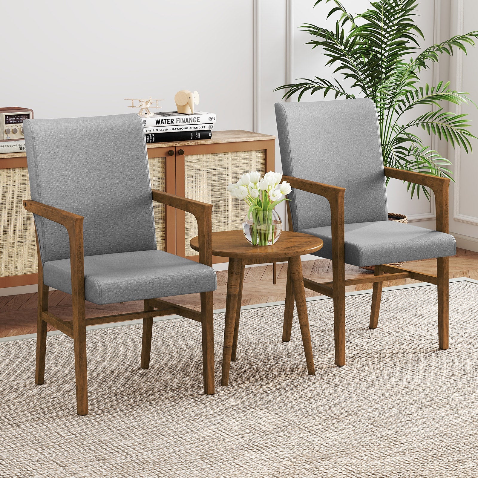 Upholstered Accent Chairs Set of 2 with High Back and Solid Wooden Frame-Gray