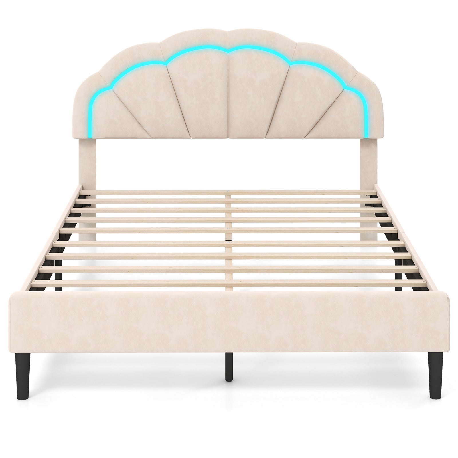 Upholstered LED Bed Frame with Adjustable Flower Headboard and Metal Support Feet-Queen Size