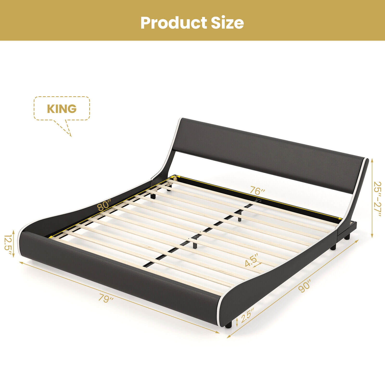 Upholstered Platform Bed Frame Low Profile Faux Leather with Curved Headboard