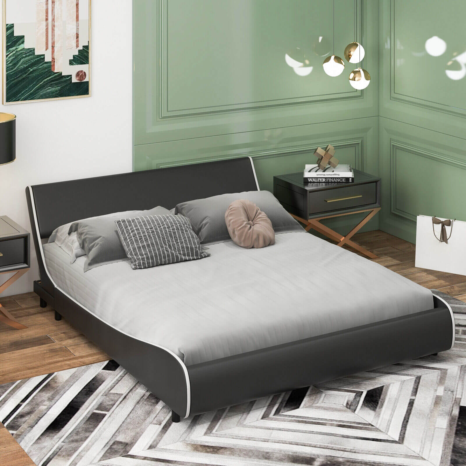 Upholstered Platform Bed Frame Low Profile Faux Leather with Curved Headboard