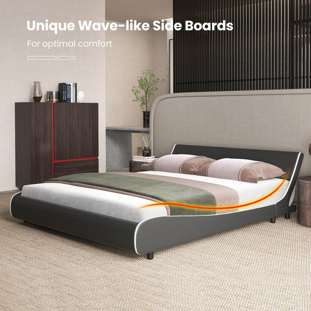 Upholstered Platform Bed Frame Low Profile Faux Leather with Curved Headboard