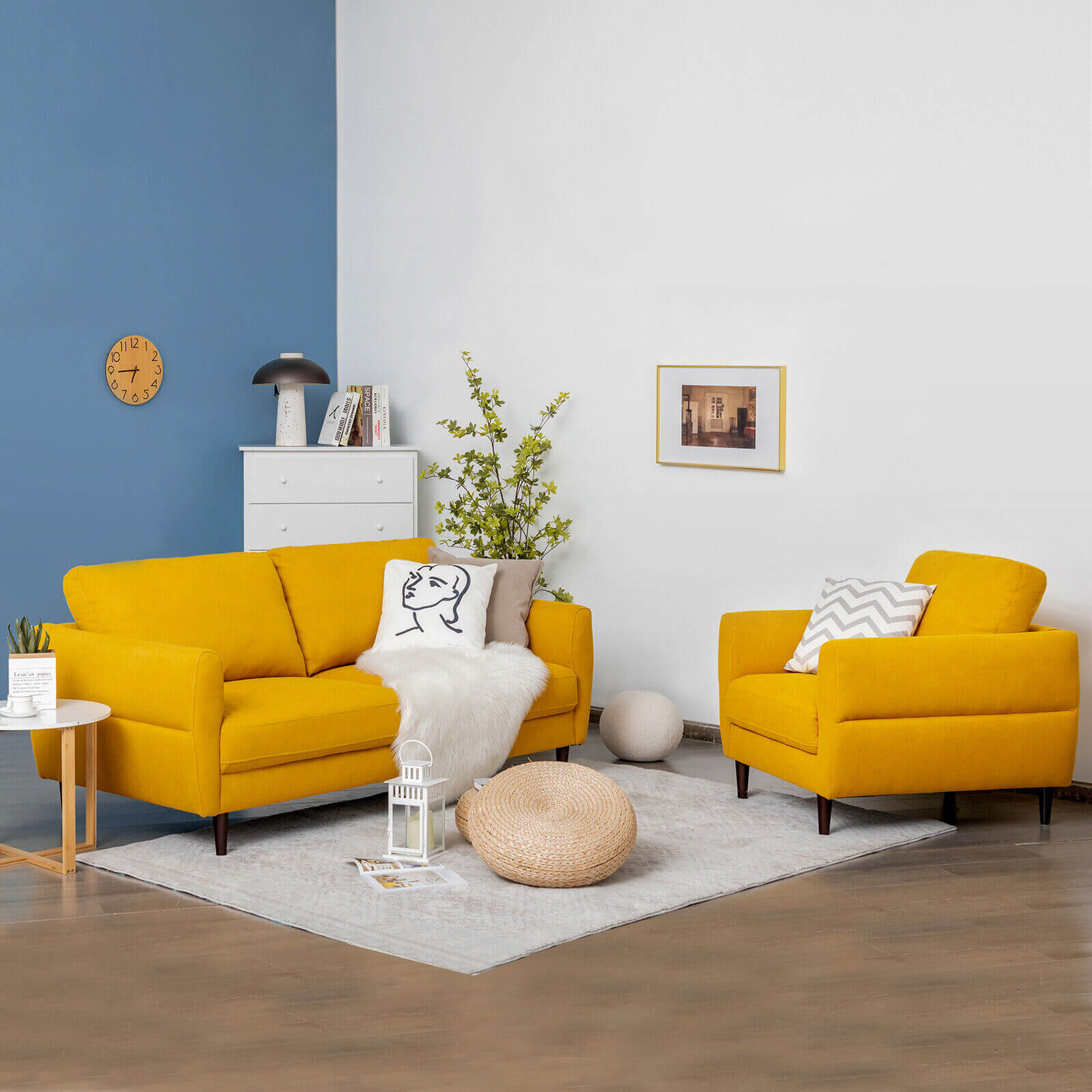 2 Pieces Upholstered Sofa Set with Removable Cushion Covers