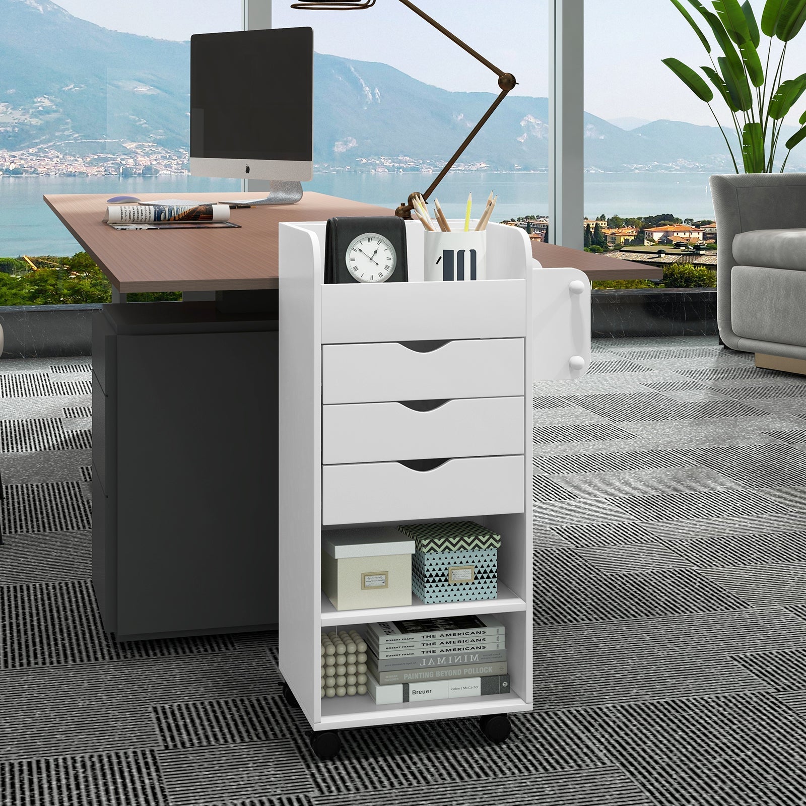 Utility Trolley with Open Shelves and 3 Drawers-White