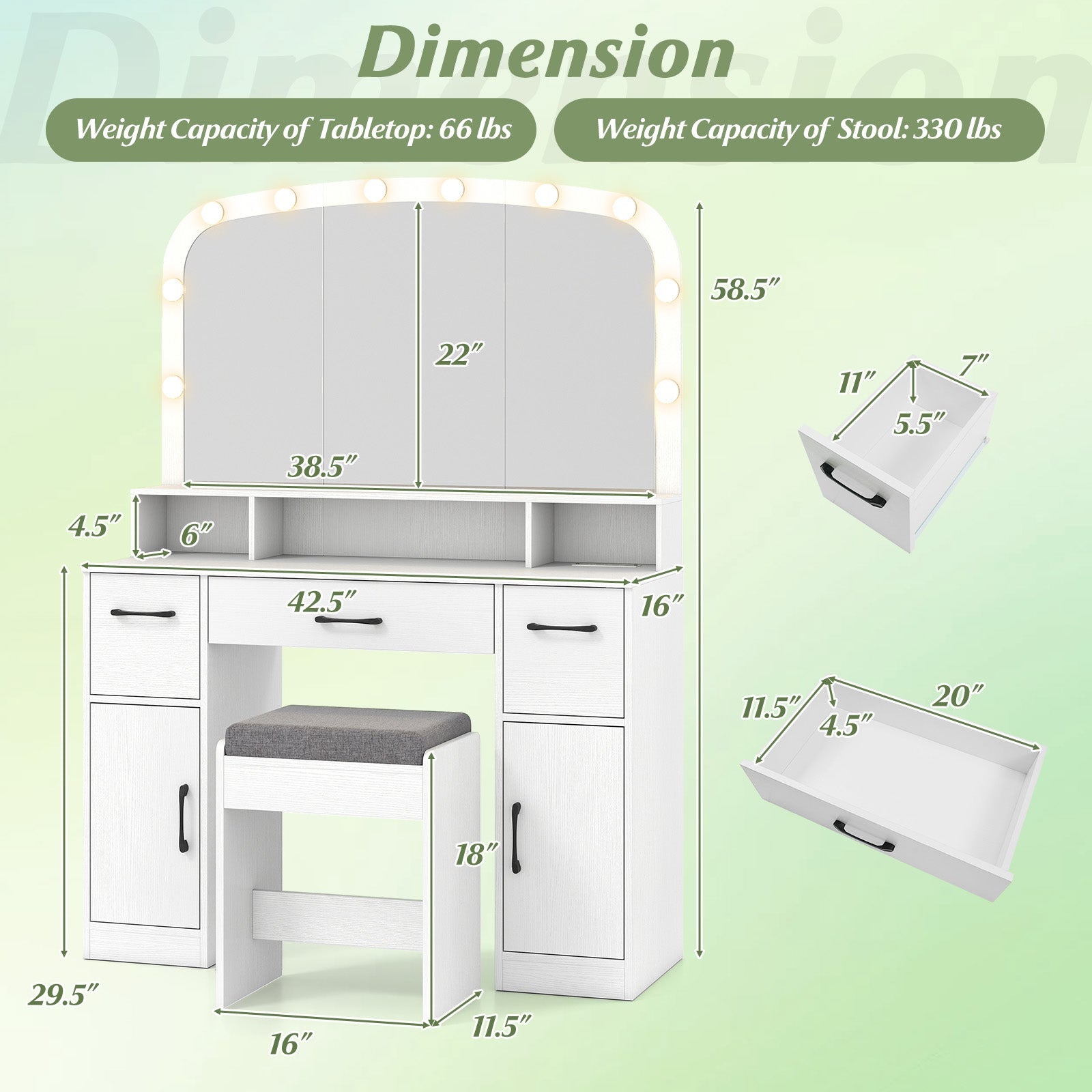 Vanity Desk Makeup Table with Stool 3-Color Lights and Charging Station