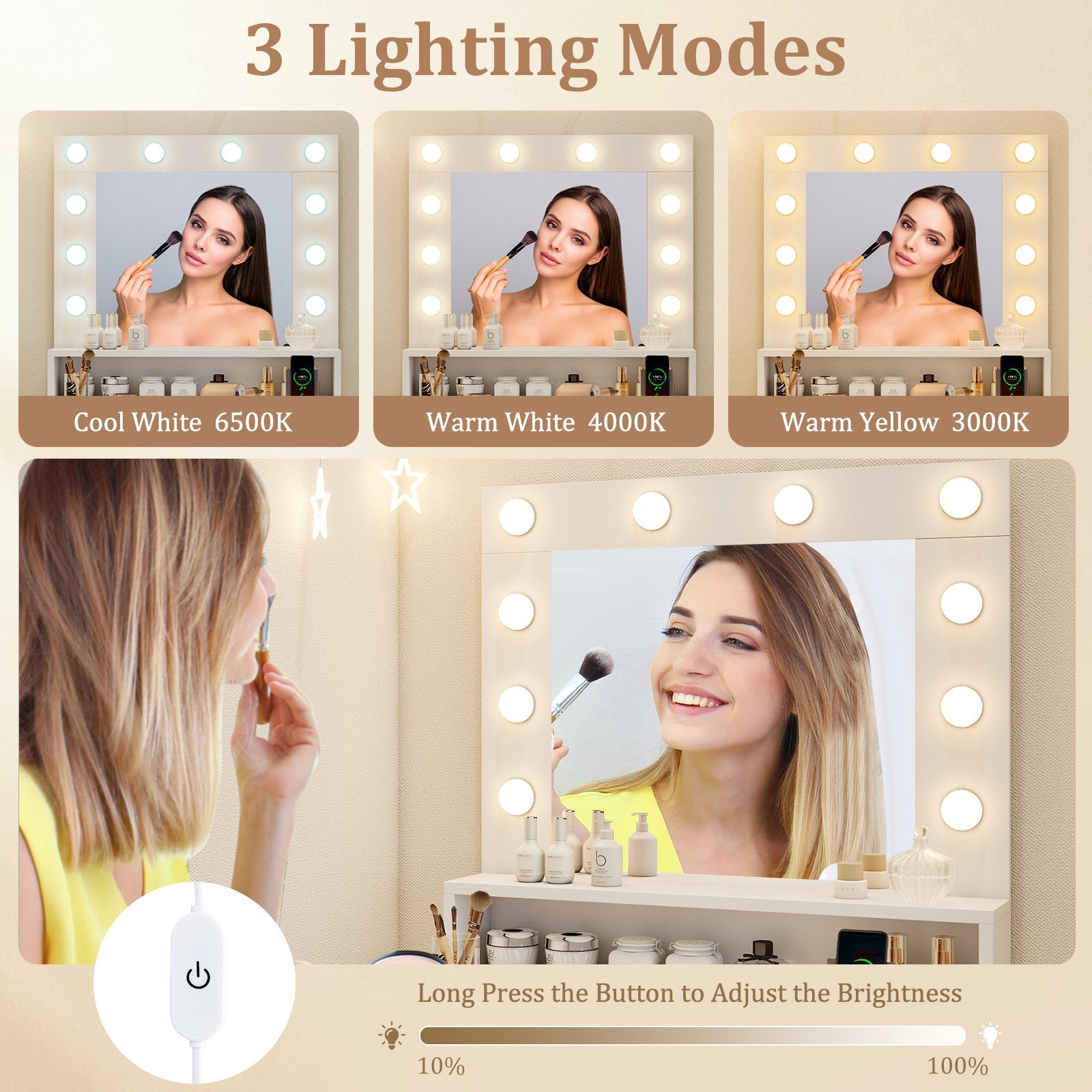 Vanity Desk with Adjustable Brightness and 3 Light Modes for Bedroom-White