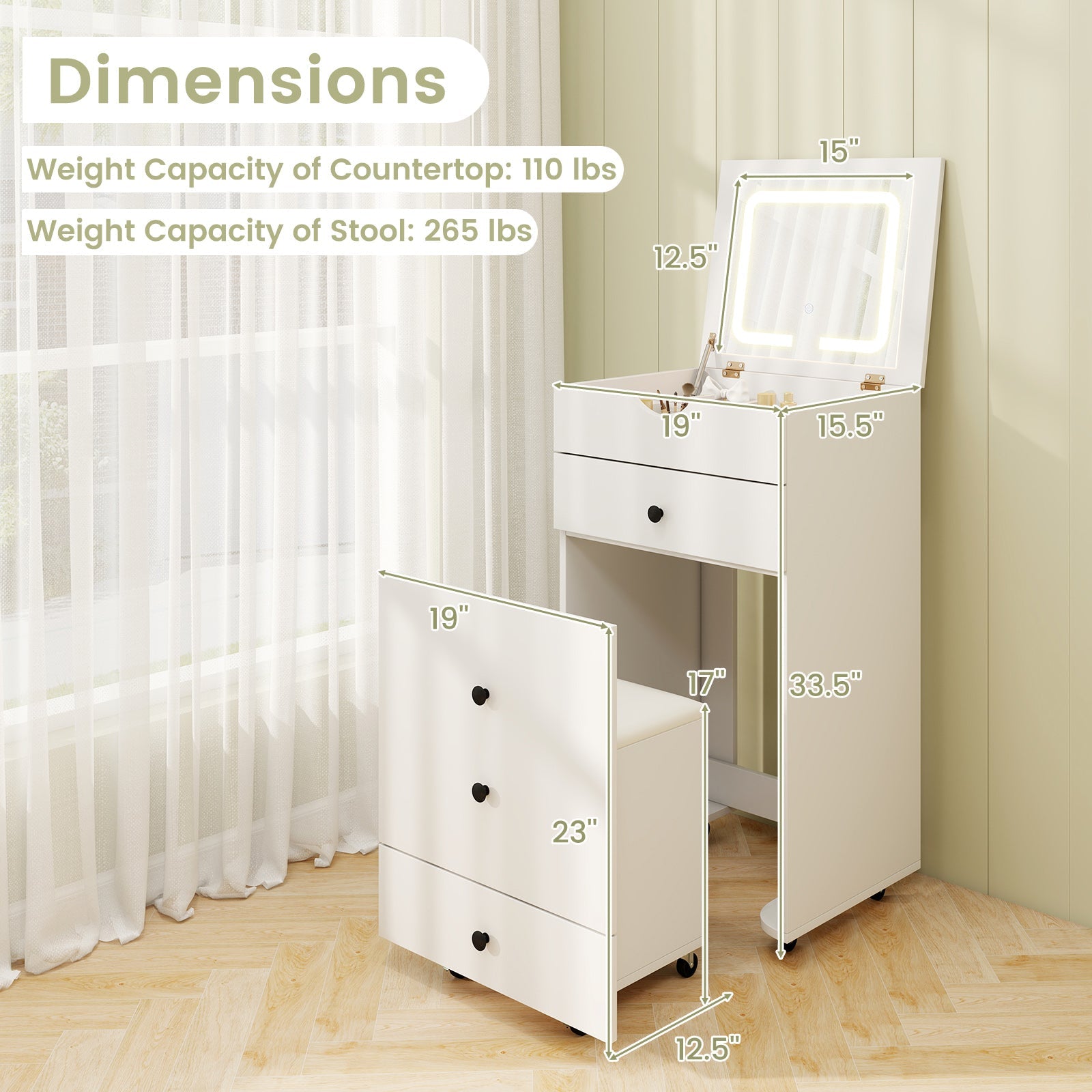 3-in-1 Vanity Set with Cushioned Stool and Flip-up Mirror-White