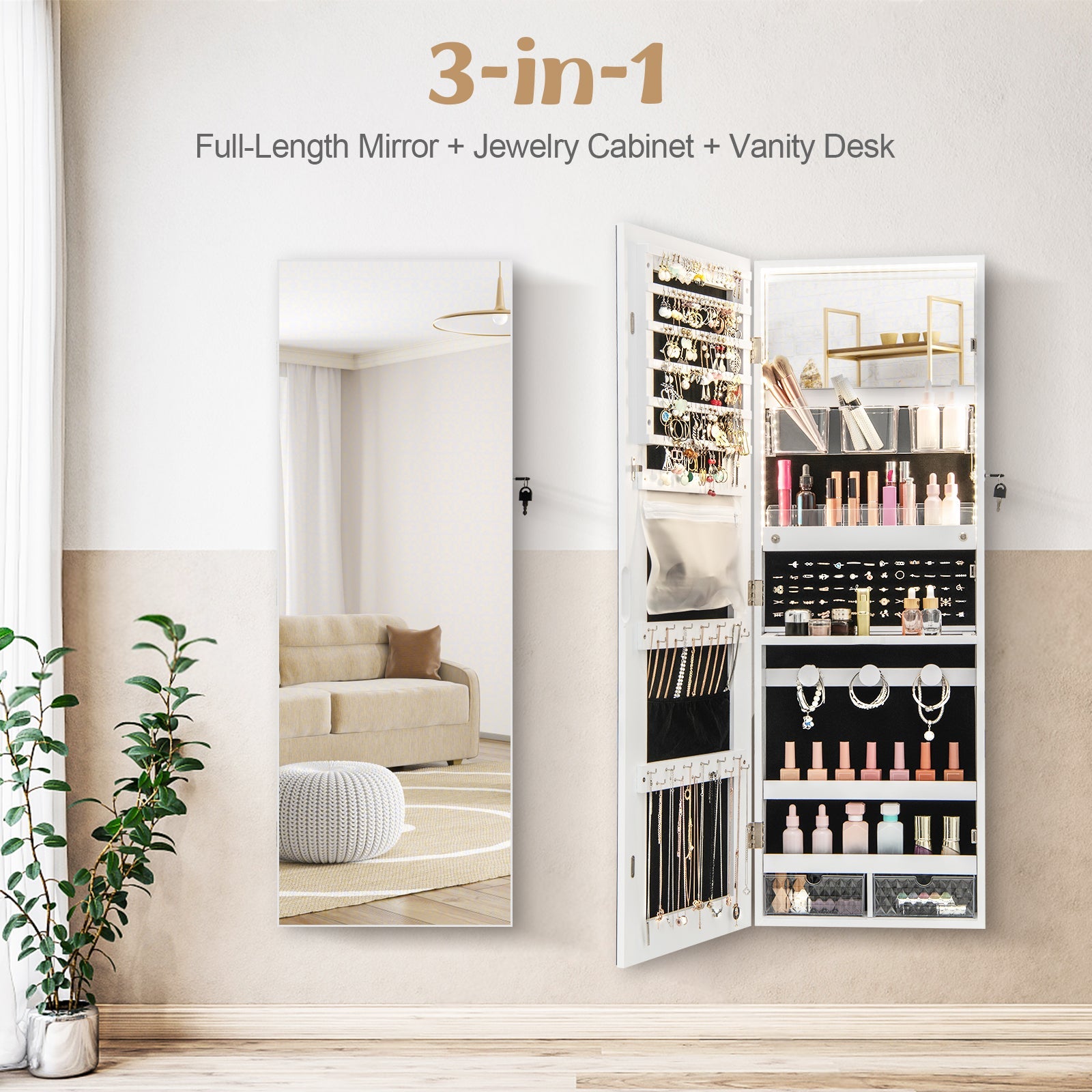 Wall Mounted Jewelry Cabinet with Full-Length Mirror