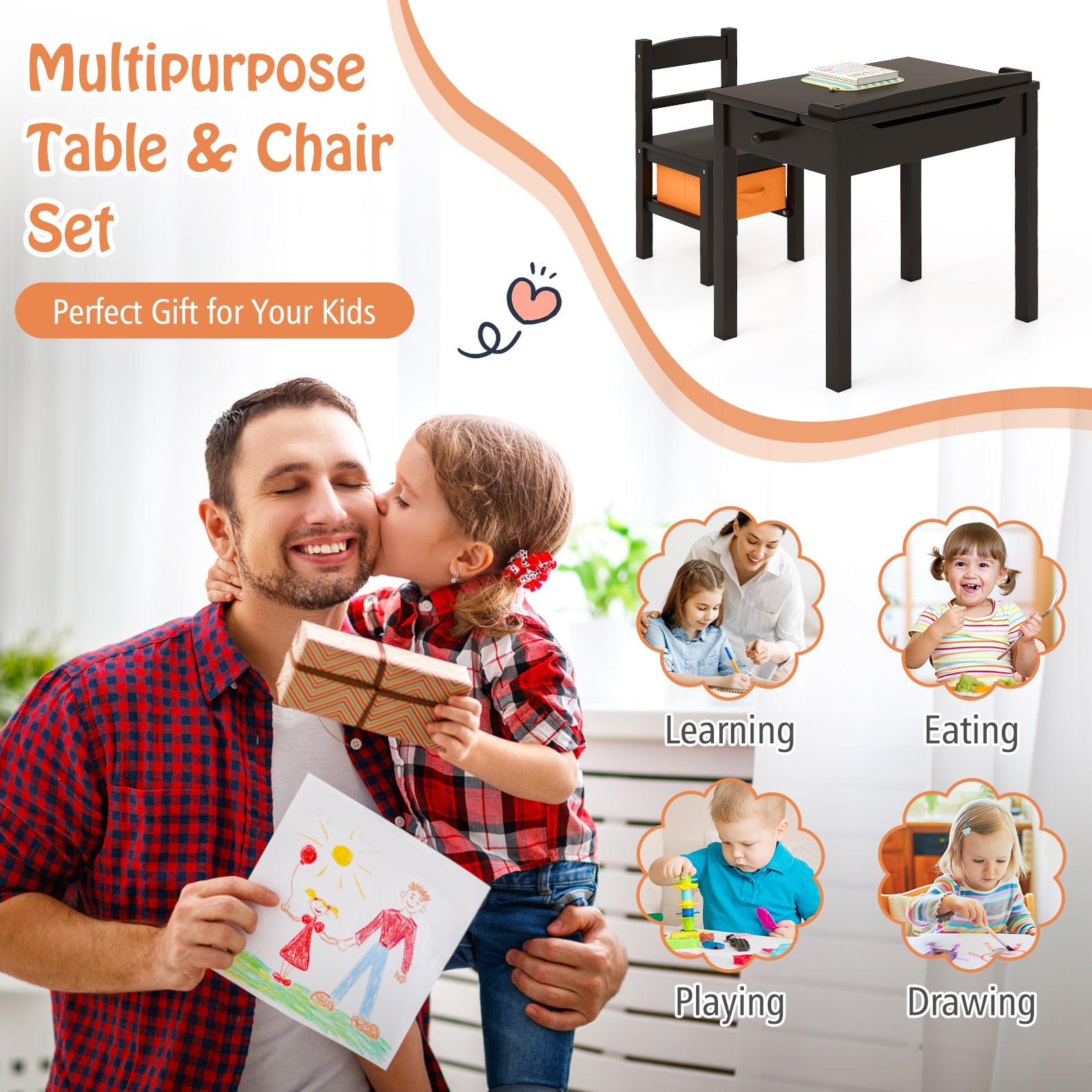 Wood Activity Kids Table and Chair Set with Storage Space