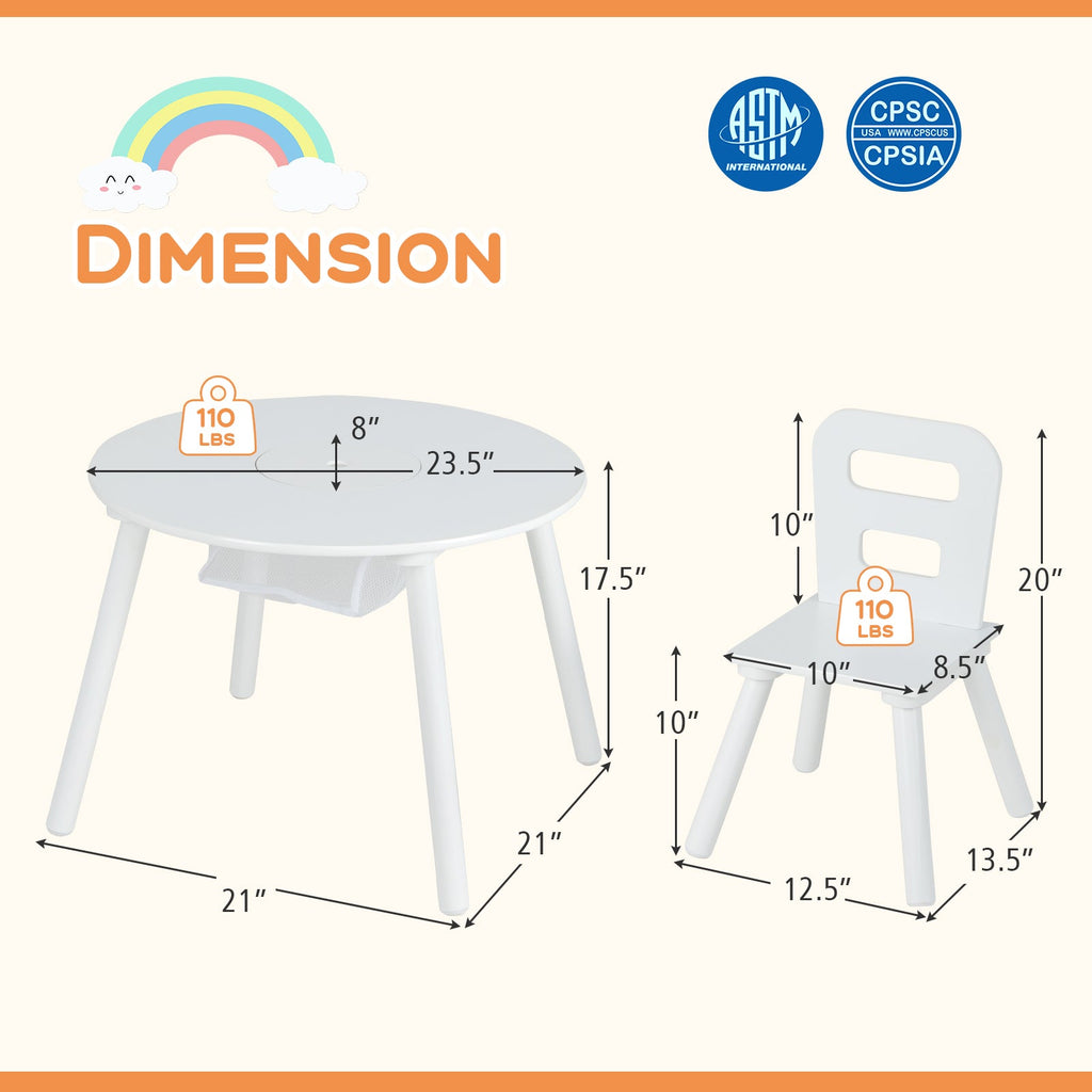 Wood Activity Kids Table and Chair Set with Center Mesh Storage-White