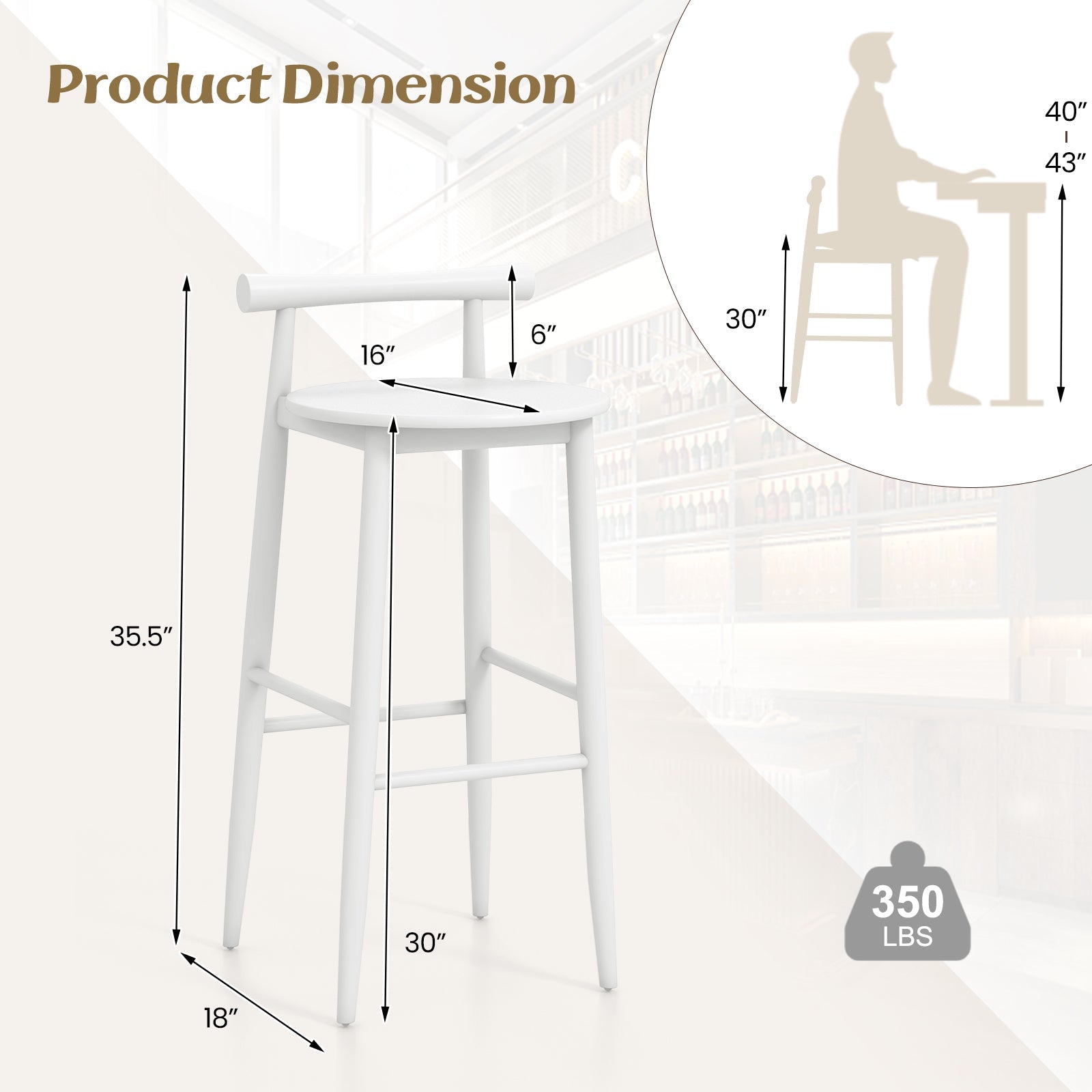 Wooden Bar Chair Set of 2 with Backrest and Footrest for Home Restaurant Cafe