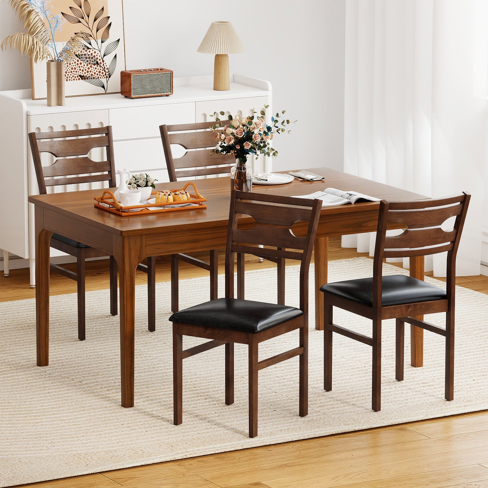 Wooden Dining Chair Set of 2 with PU Leather Padded Seat and Rubber Wood Frame-Walnut
