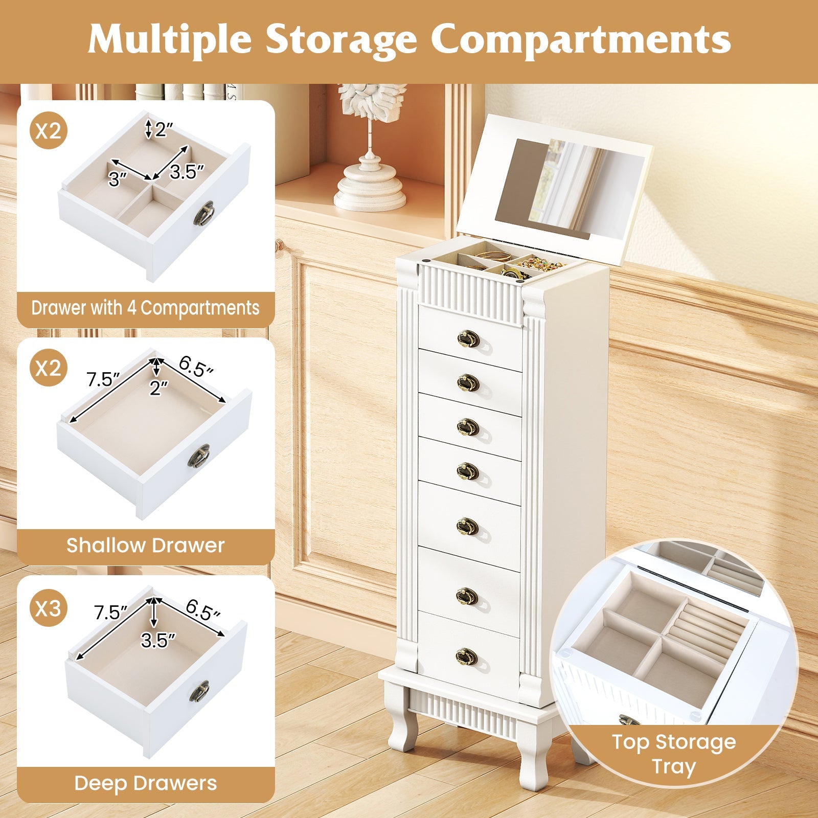 Wooden Jewelry Armoire Cabinet Storage Chest with Drawers and Swing Doors