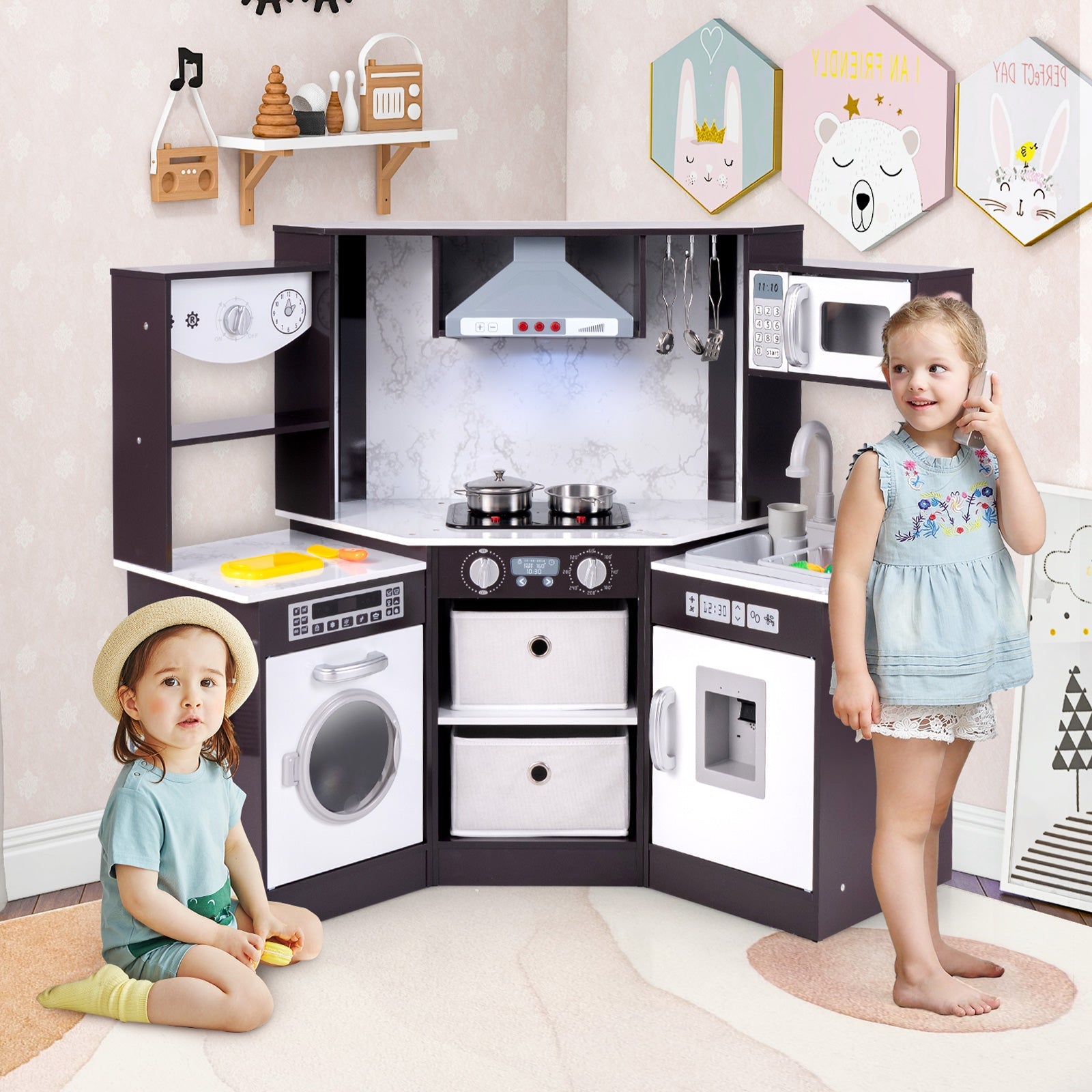 Wooden Kids Play Kitchen Playset with Realistic Lights and Sounds
