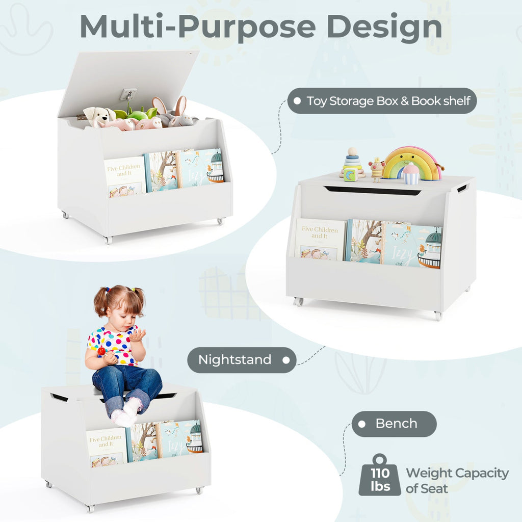 Wooden Mobile Toy Storage Organizer with Bookshelf and Lockable Wheels