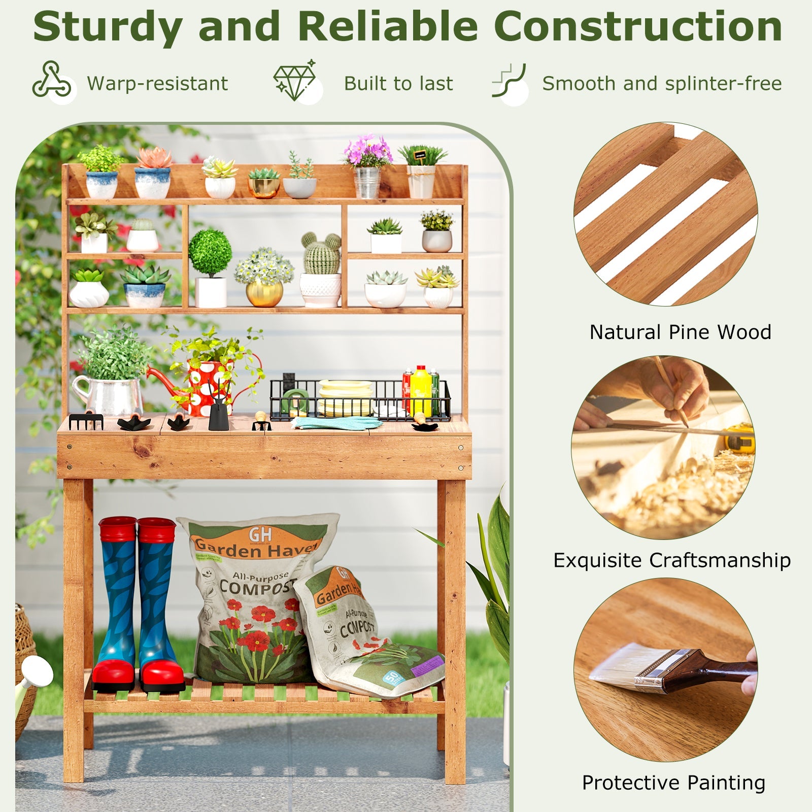 Wooden Potting Bench Table Garden Planting Workstation with 3-Tier Open Shelf