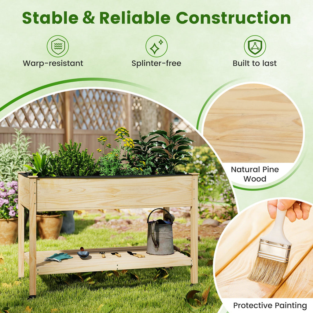 Wooden Raised Garden Bed with Legs and Lockable Wheels-Natural