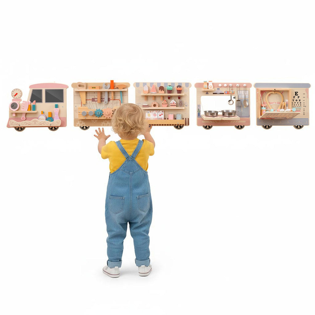 Wooden Sensory Wall Panel with Vanity and Tool Box