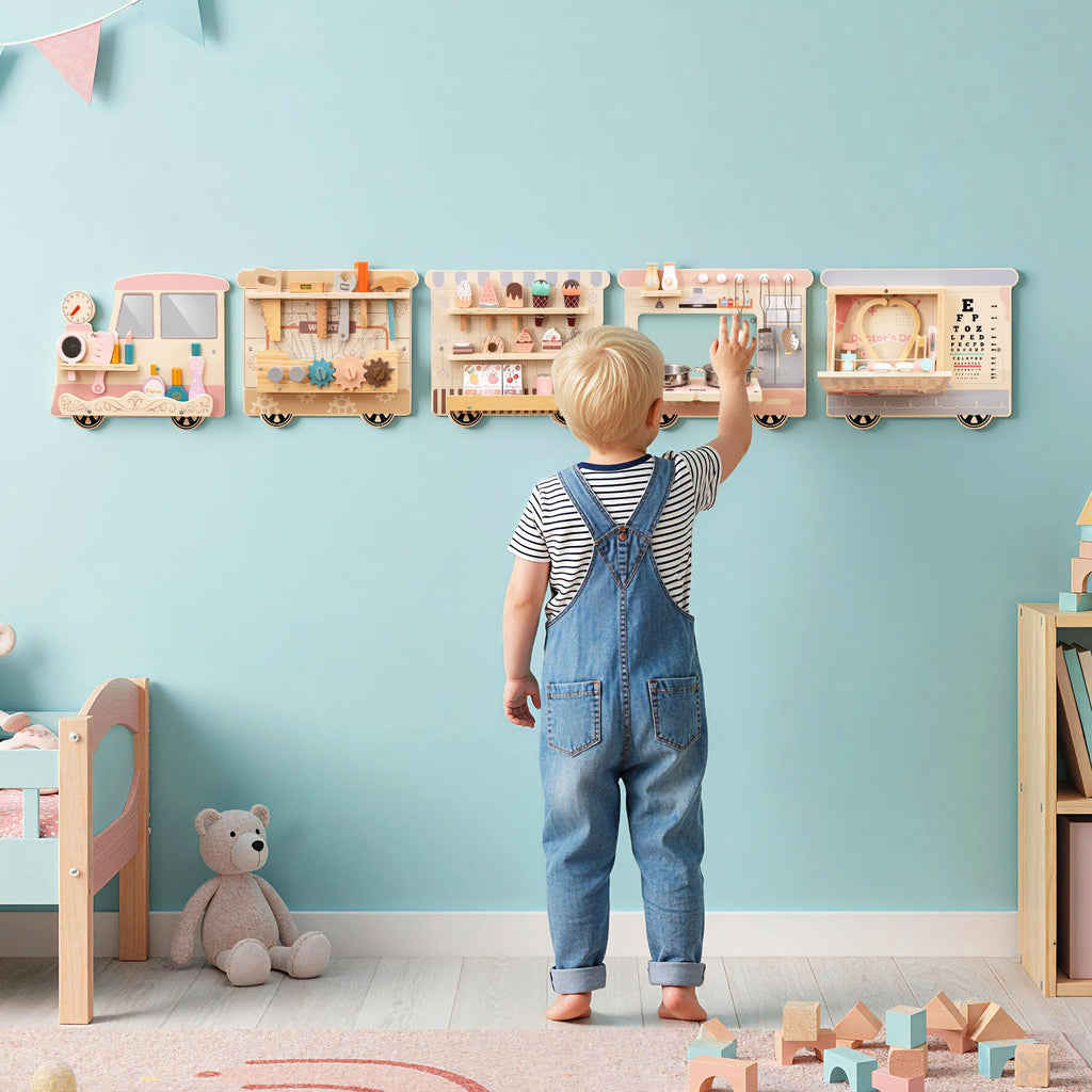 Wooden Sensory Wall Panel with Vanity and Tool Box
