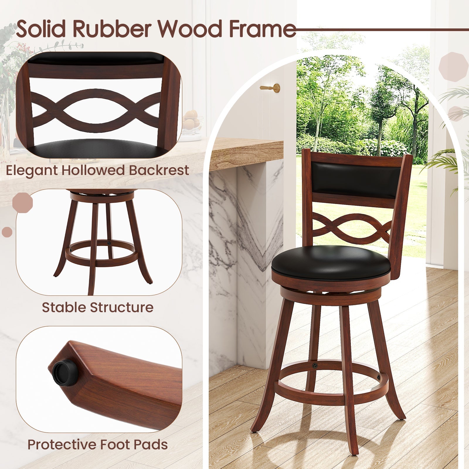 Bar Stools Set of 2 with Rubber Wood Frame and Faux Leather Upholstered Seat
