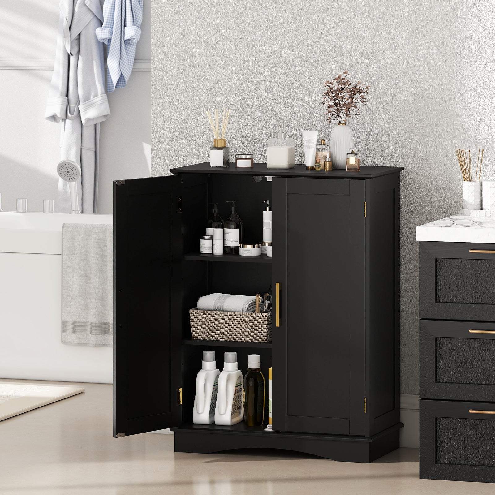 Bathroom Floor Storage Cabinet with 2 Doors and Adjustable Shelves