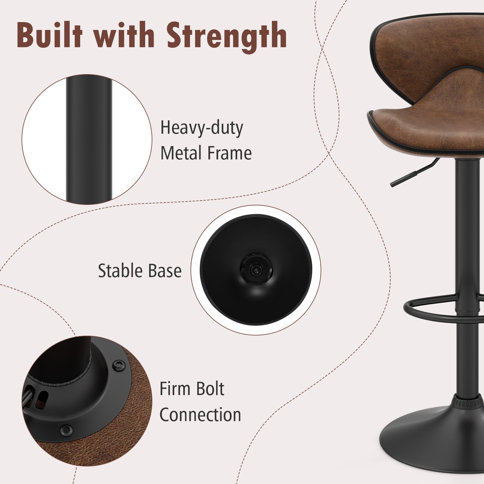 Set of 2 Adjustable Bar Stools Swivel Bar Chairs Pub Kitchen