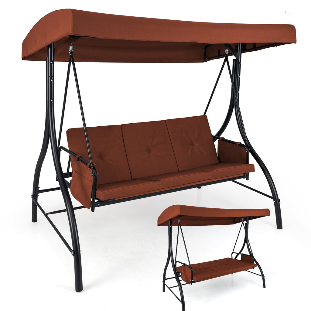 3-Piece Patio Swing with Canopy Removable Cushions and Side Pockets
