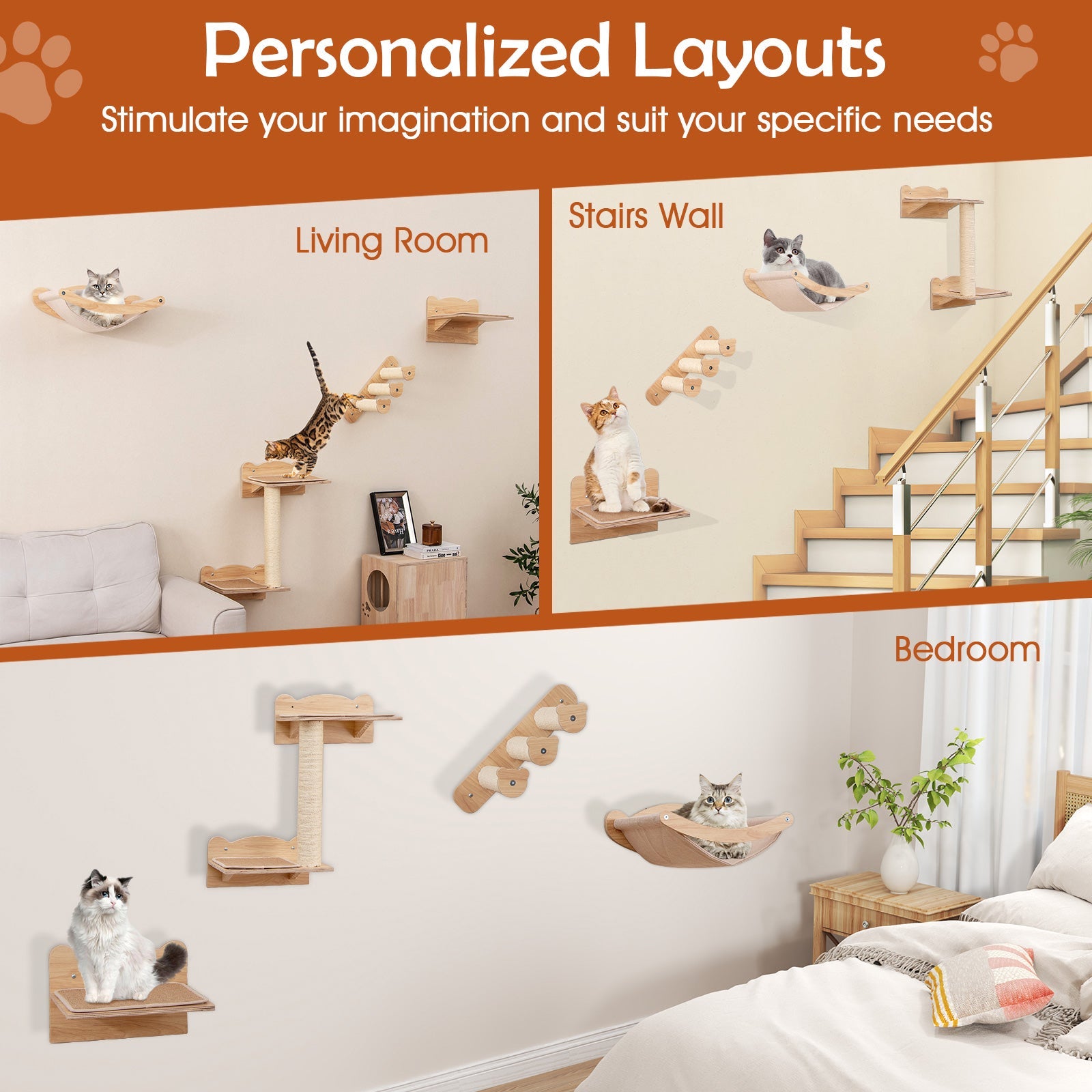 Cat Wall Furniture Set of 4 with Hammock 2-step Cat Tree and Perch-Natural