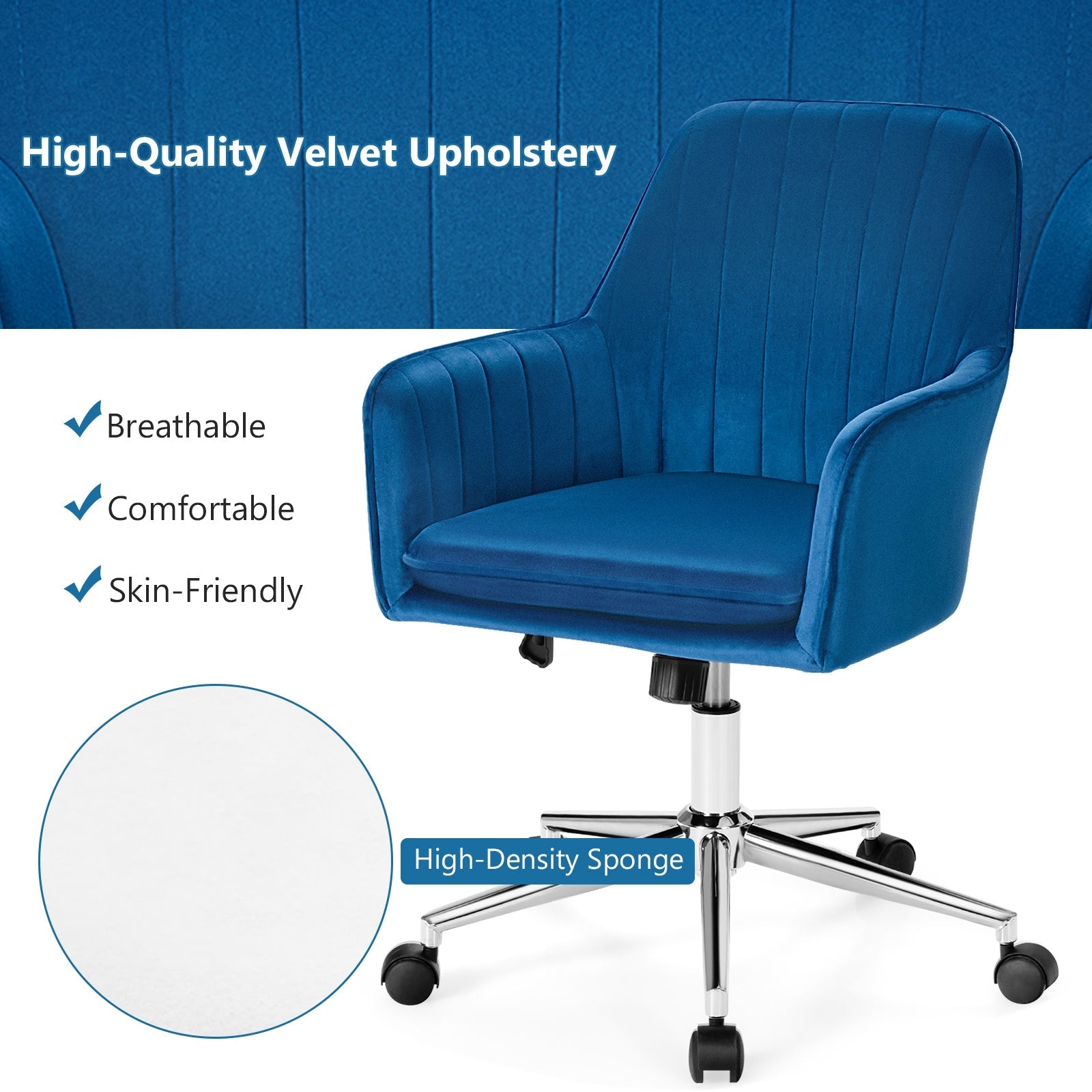 Velvet Accent Office Armchair with Adjustable Swivel and Removable Cushion