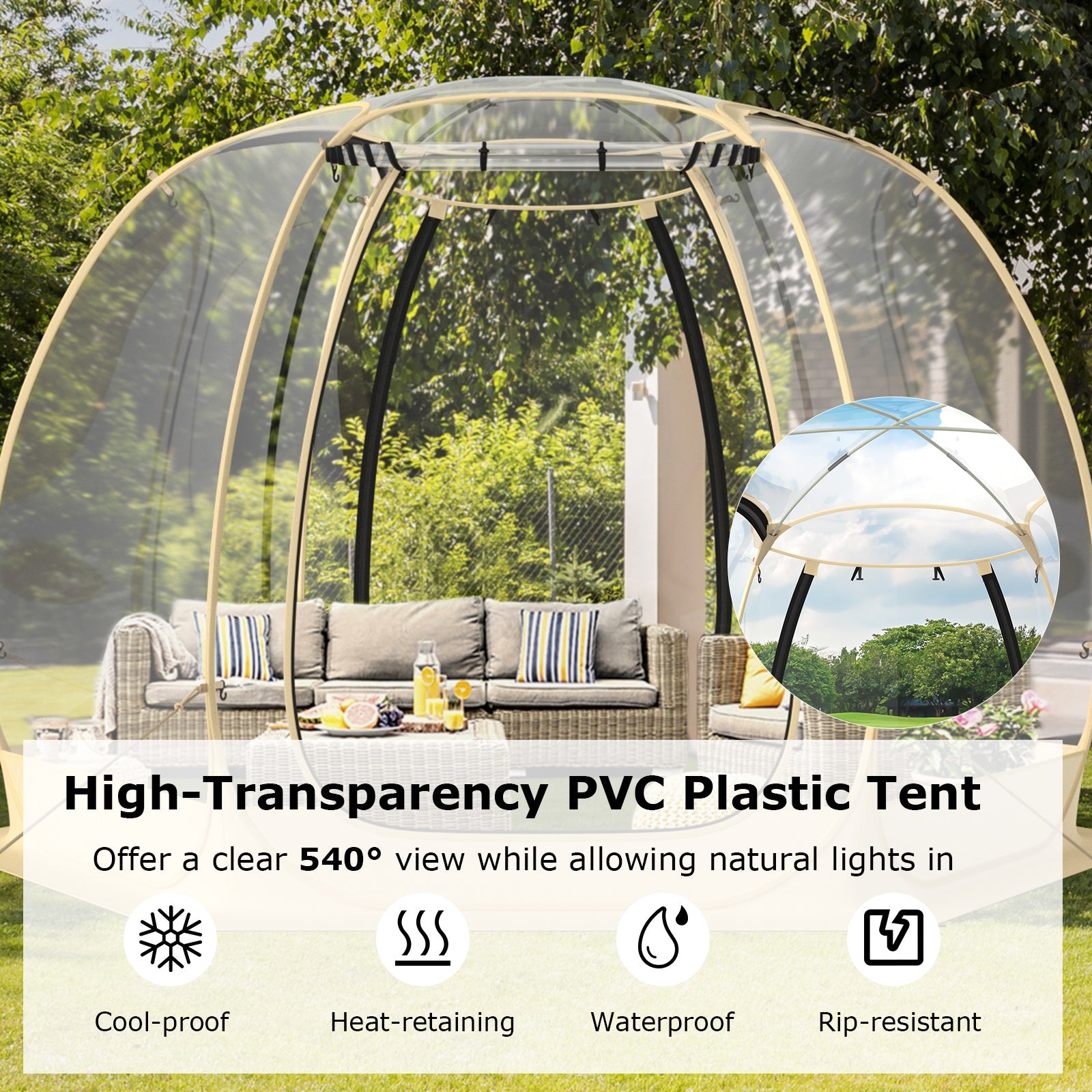 11 x 11 Feet Clear Dome Pop up Bubble Tent with Carrying Bag for 6-10 People-Beige