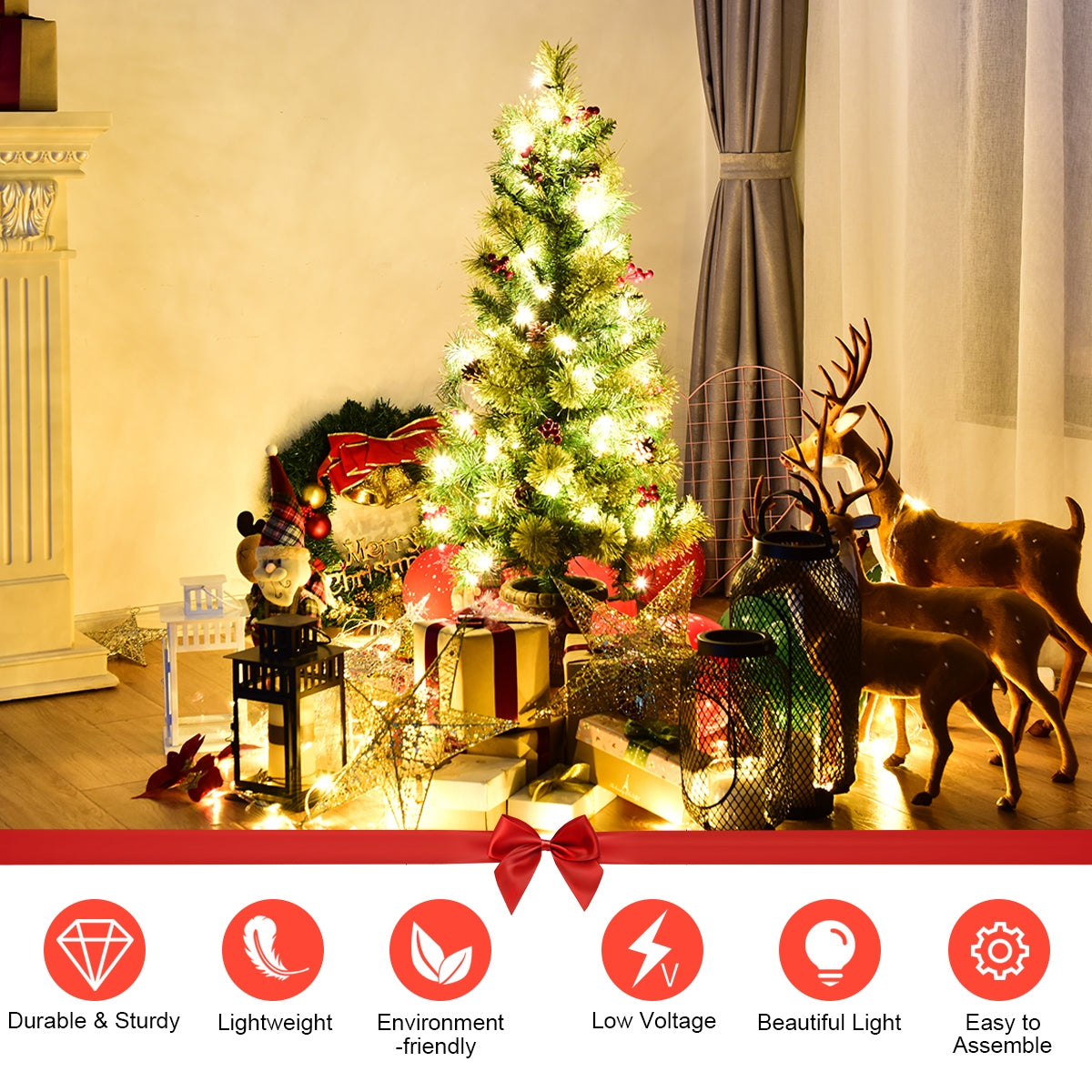 LED Christmas Tree with Red Berries Pine Cones