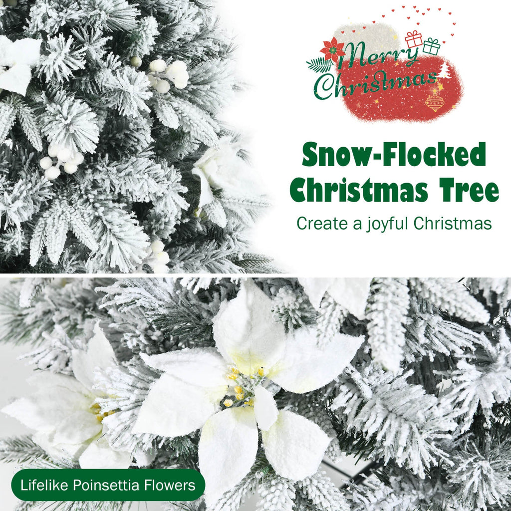 Snow Flocked Christmas Pencil Tree with Berries and Poinsettia Flowers