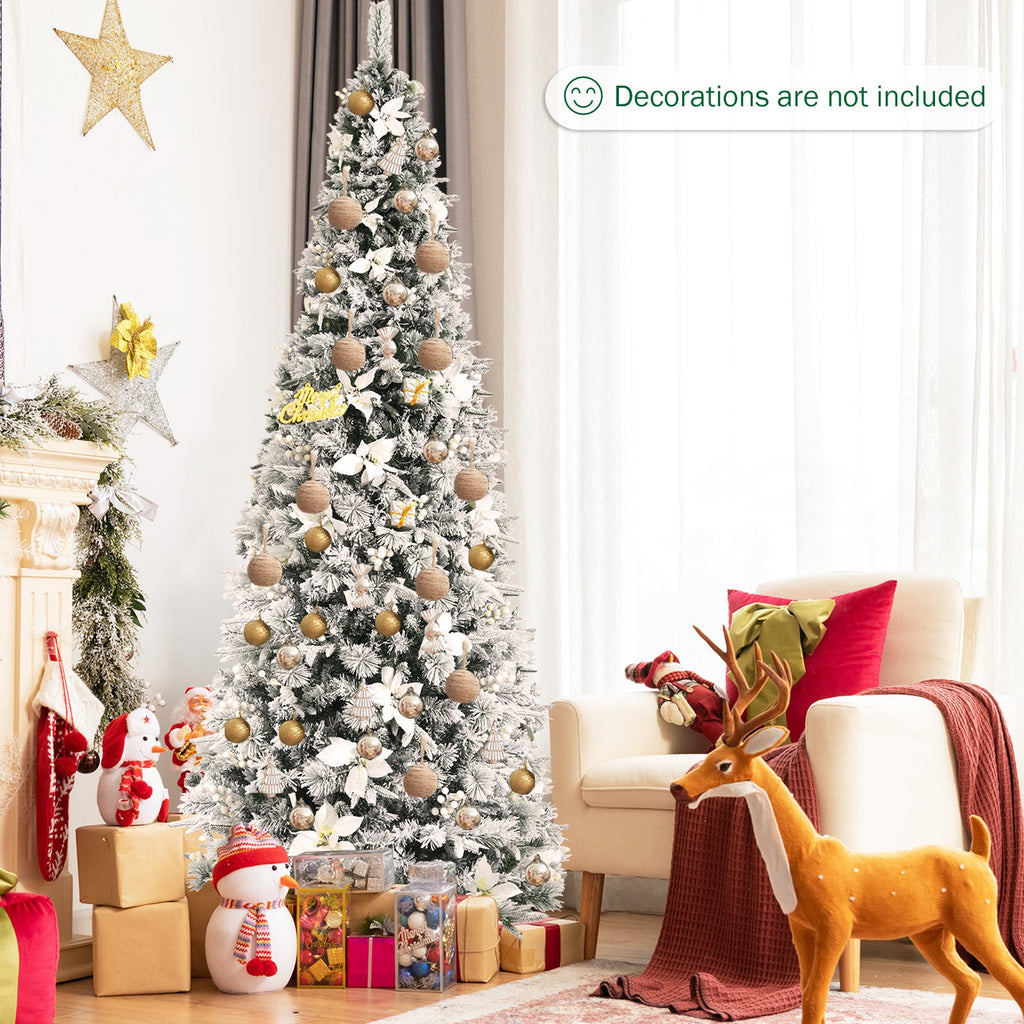 Snow Flocked Christmas Pencil Tree with Berries and Poinsettia Flowers
