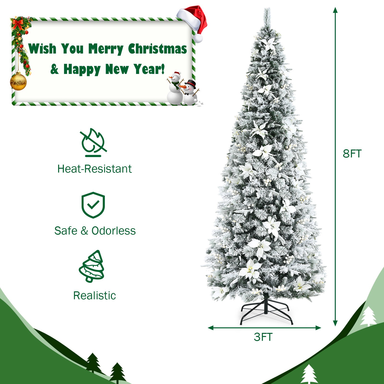 Snow Flocked Christmas Pencil Tree with Berries and Poinsettia Flowers
