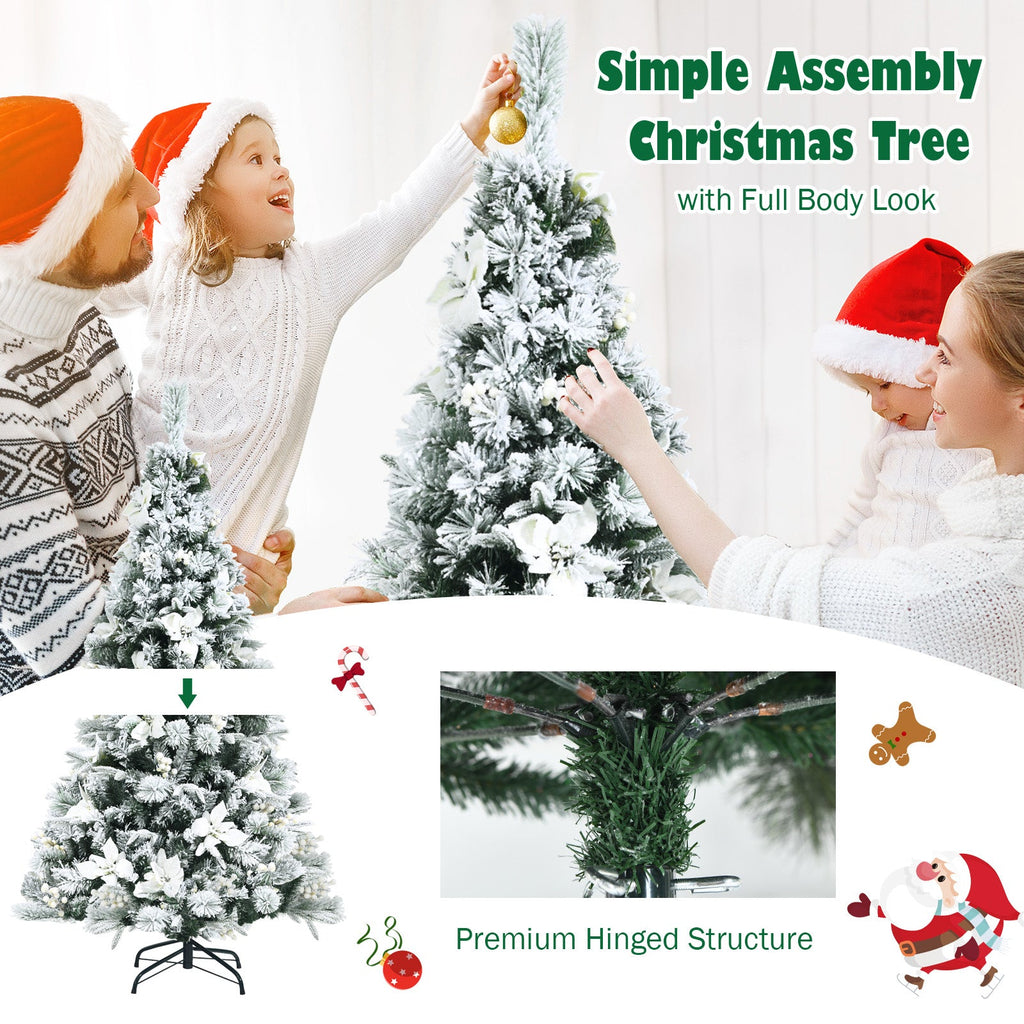 Snow Flocked Christmas Pencil Tree with Berries and Poinsettia Flowers