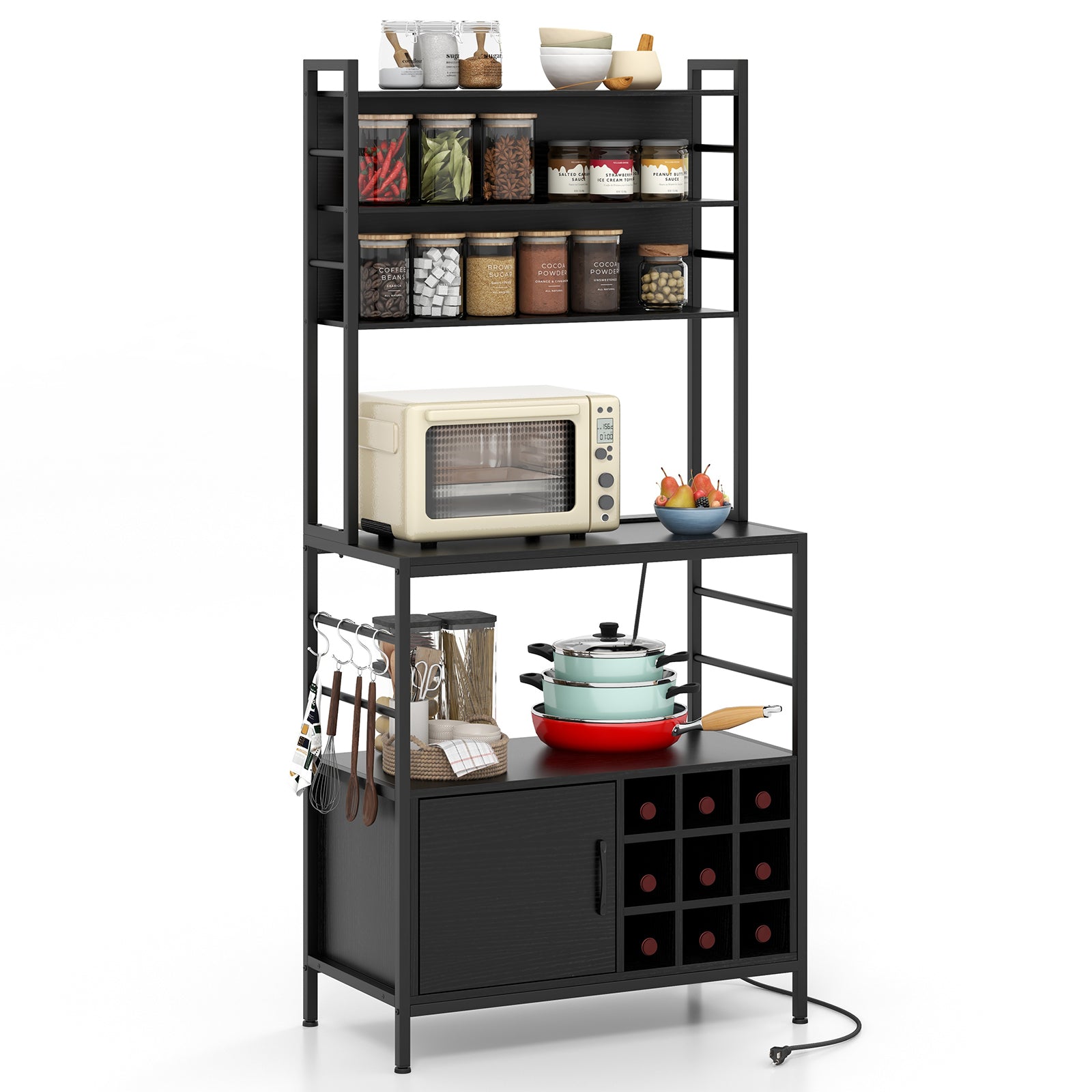 Coffee Bar Cabinet with S-Shaped Hooks and Wine Bottle Holders