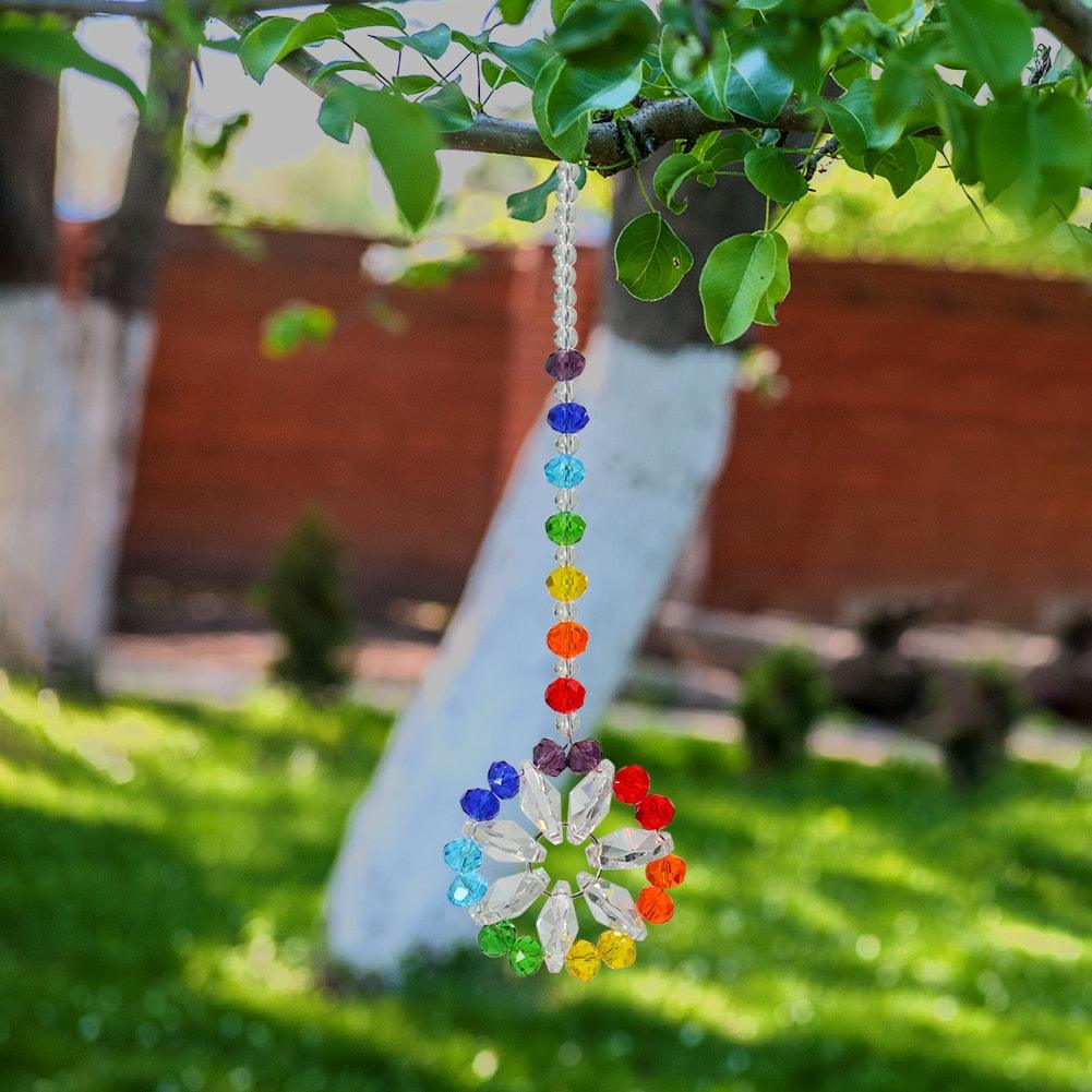 Colorful Window Sun-catcher & Wind Chimes Wreath Crystal Sunburst Hanging Prism Ornament Outdoor Celebration Gift Giving Thanks Giving Handmade Pendant For Home Garden Car Decor