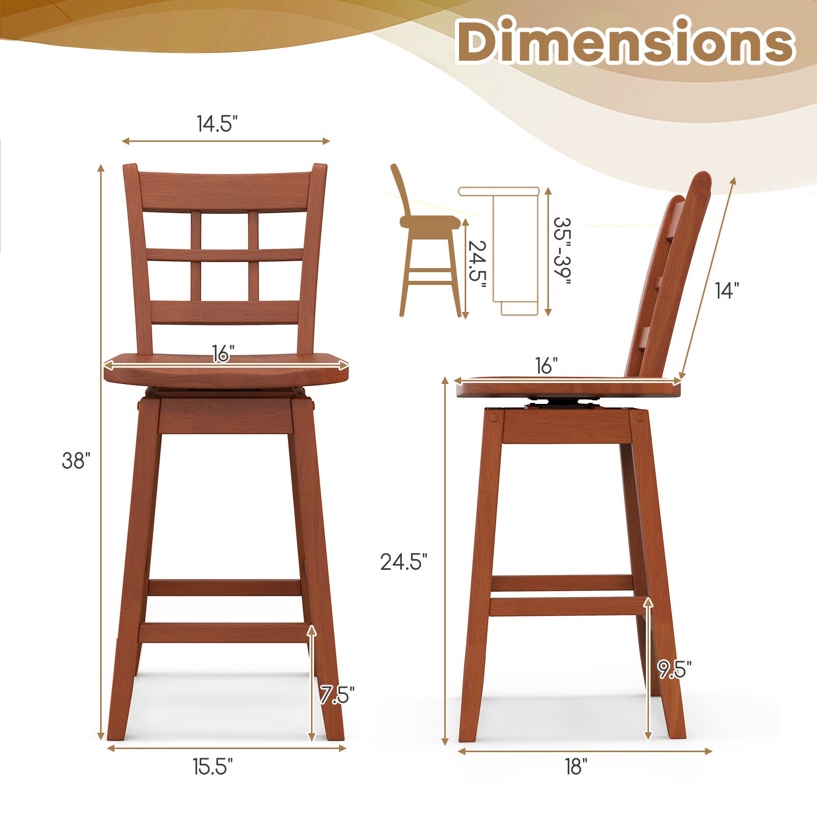Counter Height Barstools Set of 2 with 6-Grid Hollow Back and Seat