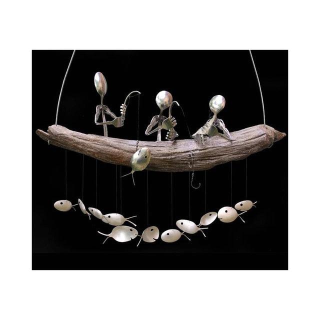Creative Fishing Man Spoon Fish Sculptures Wind Chime Home Bedroom Painted Fish Mobile Tropical Fish Home Decor  Yard Garden Hanging Ornament Decoration